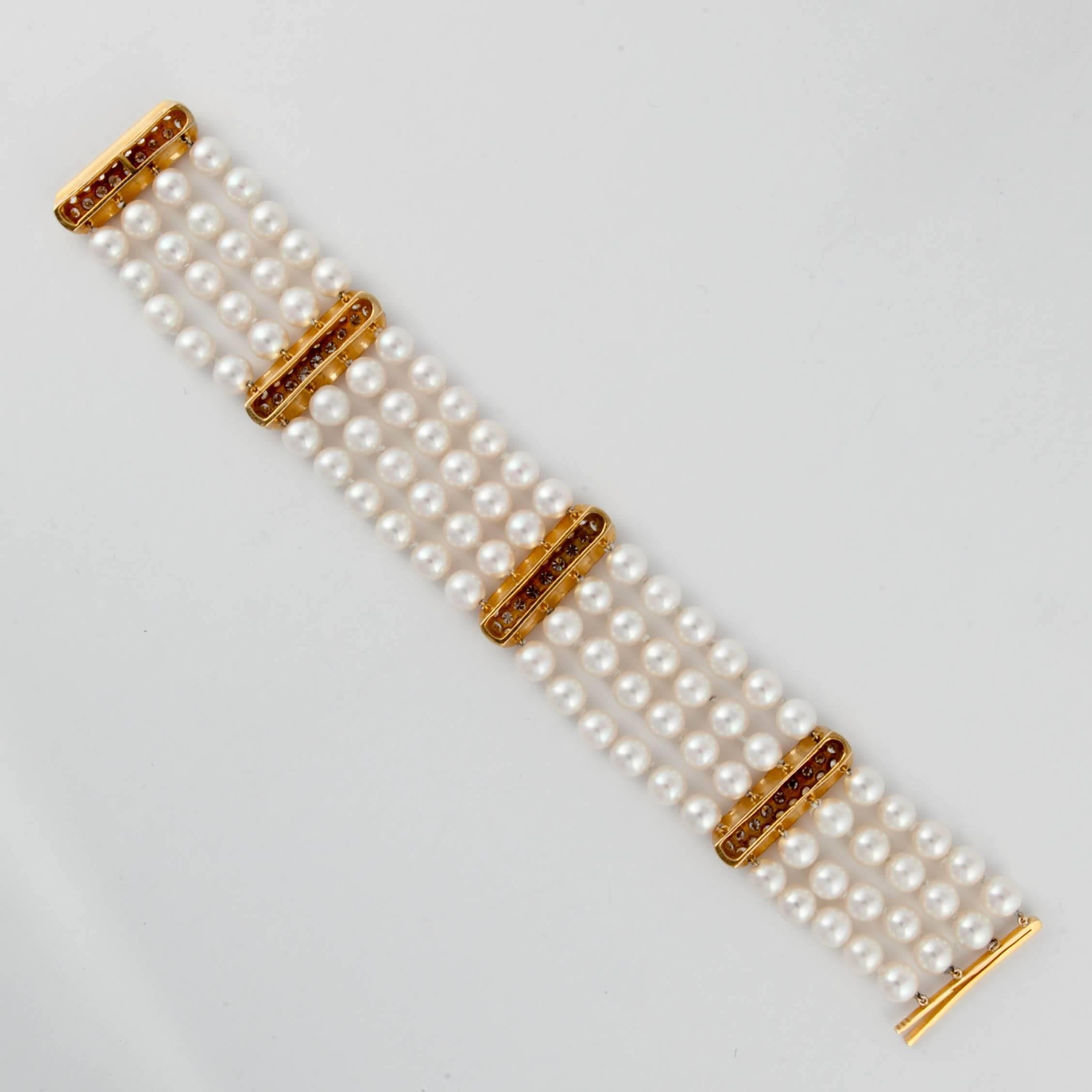 Multi-Strand Pearl and Diamond Bracelet In Good Condition For Sale In Houston, TX