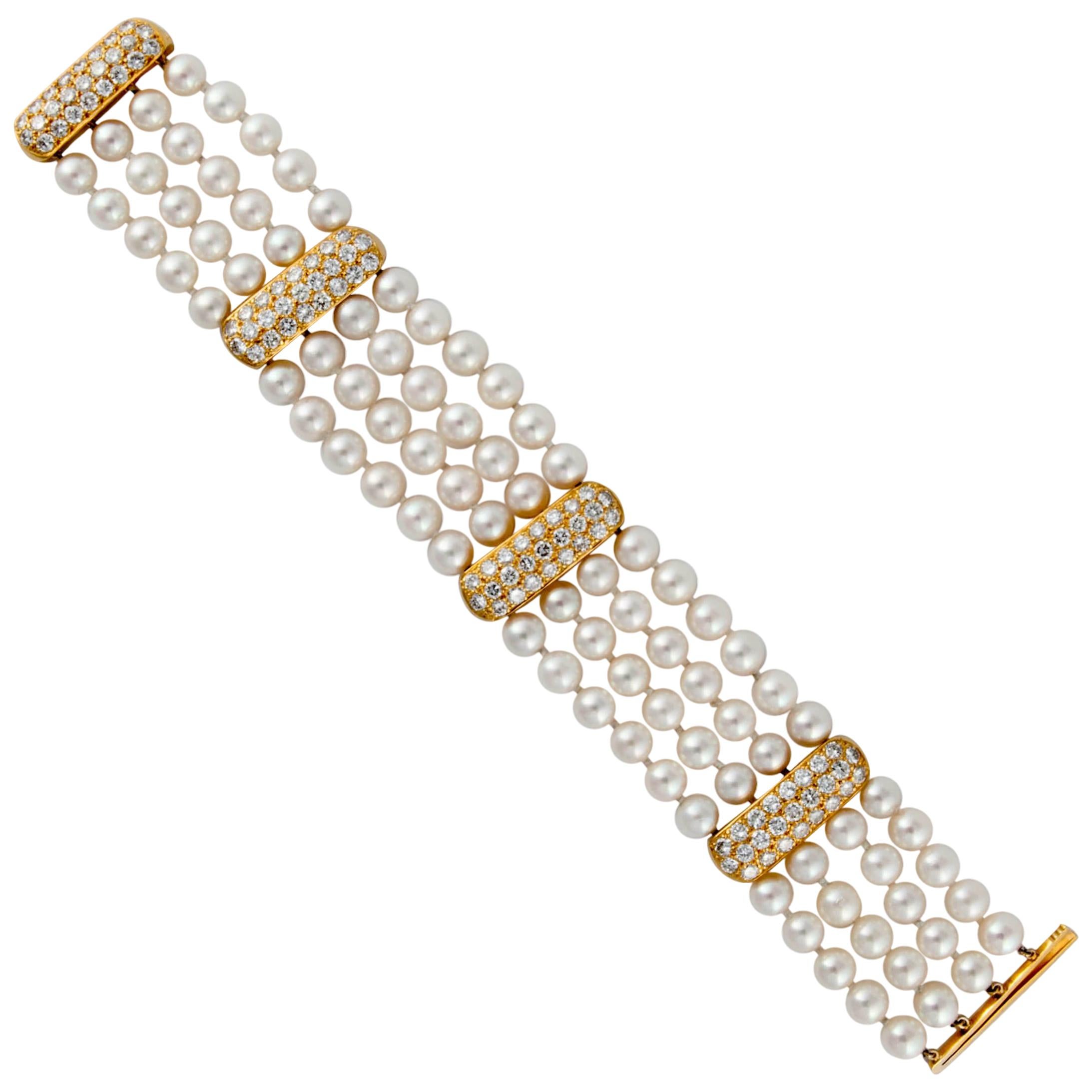 Multi-Strand Pearl and Diamond Bracelet For Sale