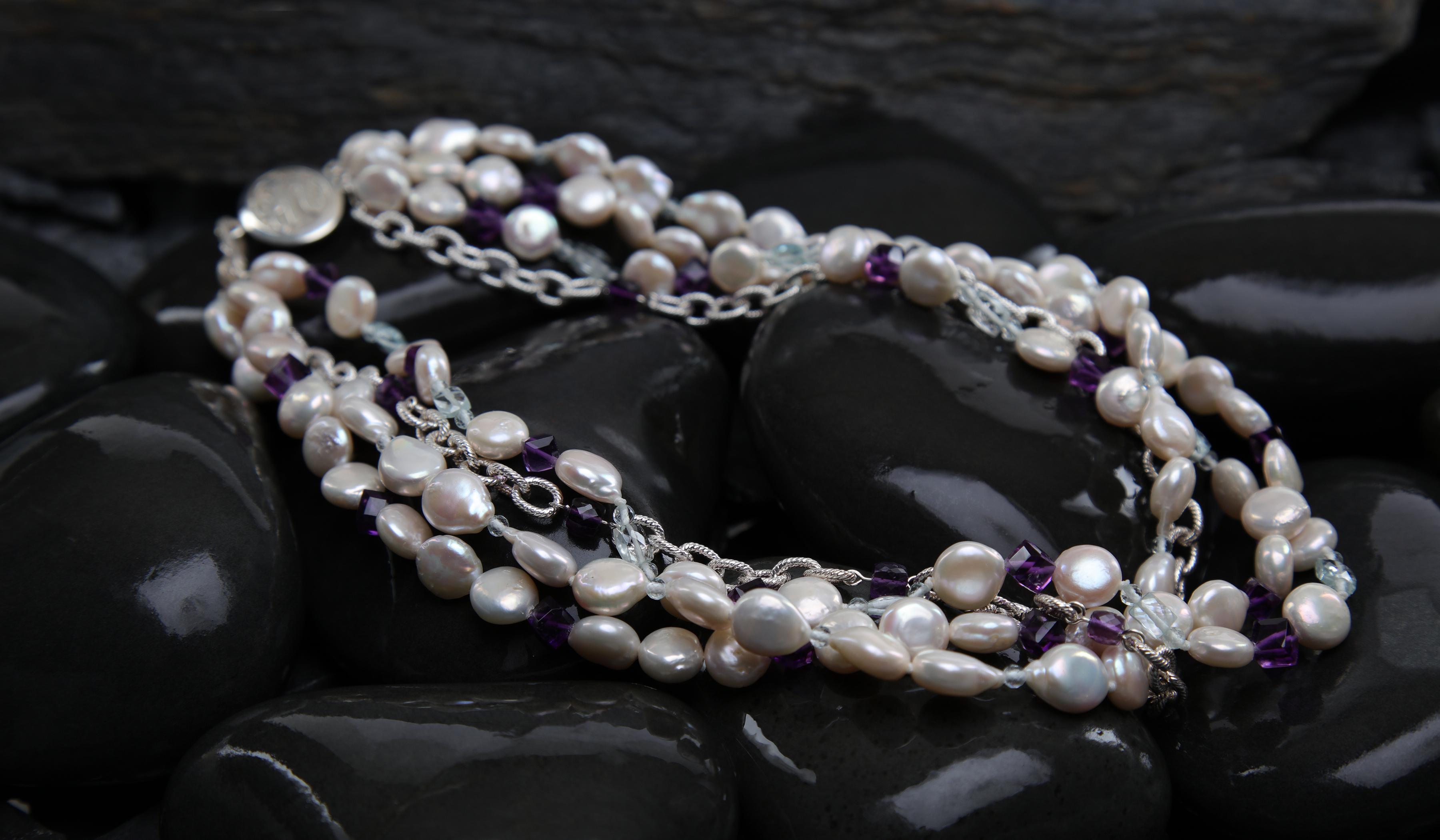 Contemporary Pearl, Amethyst, Aquamarine, and Silver Necklace For Sale