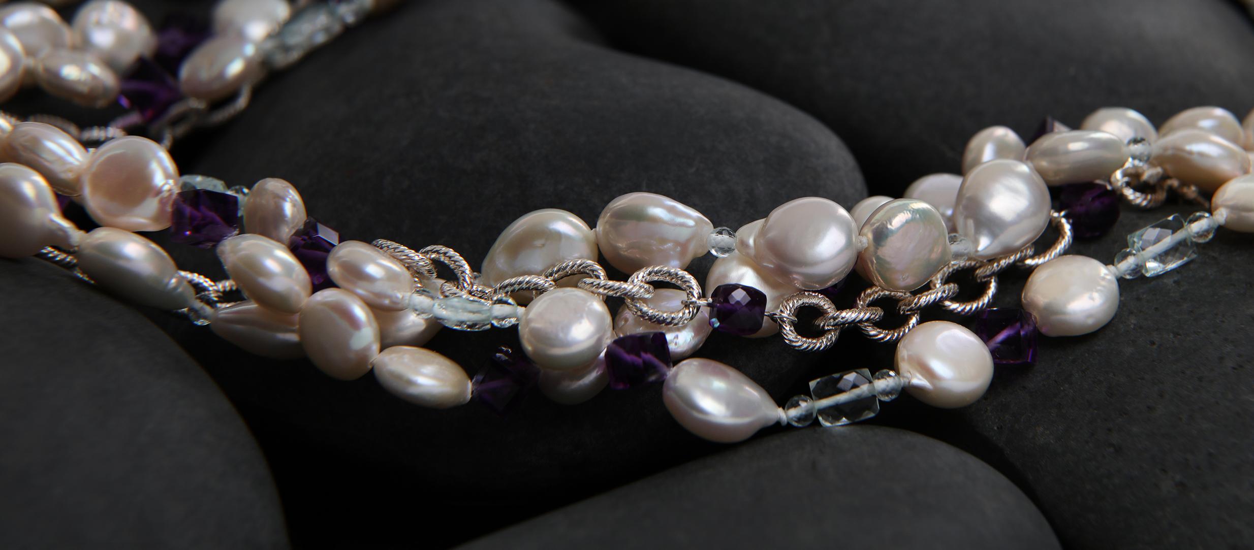 Bead Pearl, Amethyst, Aquamarine, and Silver Necklace For Sale