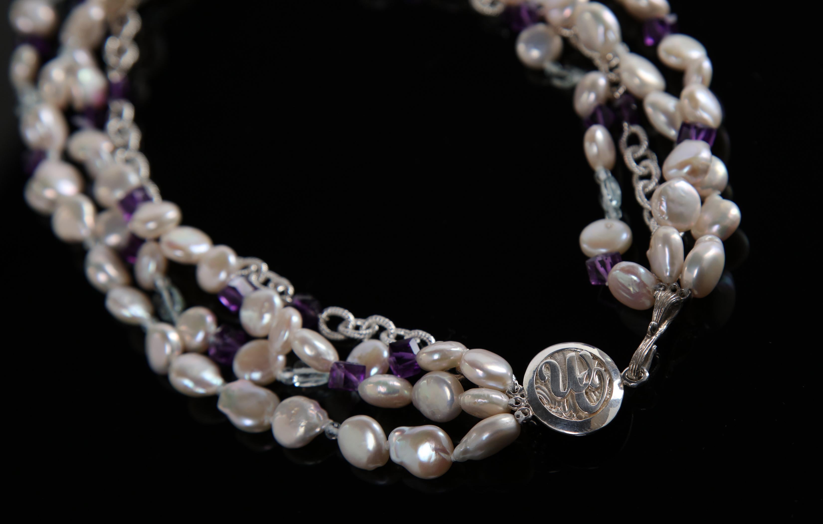 Pearl, Amethyst, Aquamarine, and Silver Necklace In New Condition For Sale In Athens, GA