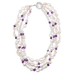 Four-Strand Princess Necklace Pearl, Amethyst, Aquamarine, and Silver