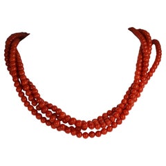 Four-Strand Red Coral Necklace with 18K Yellow Gold Butterfly Clasp, Rubies, and