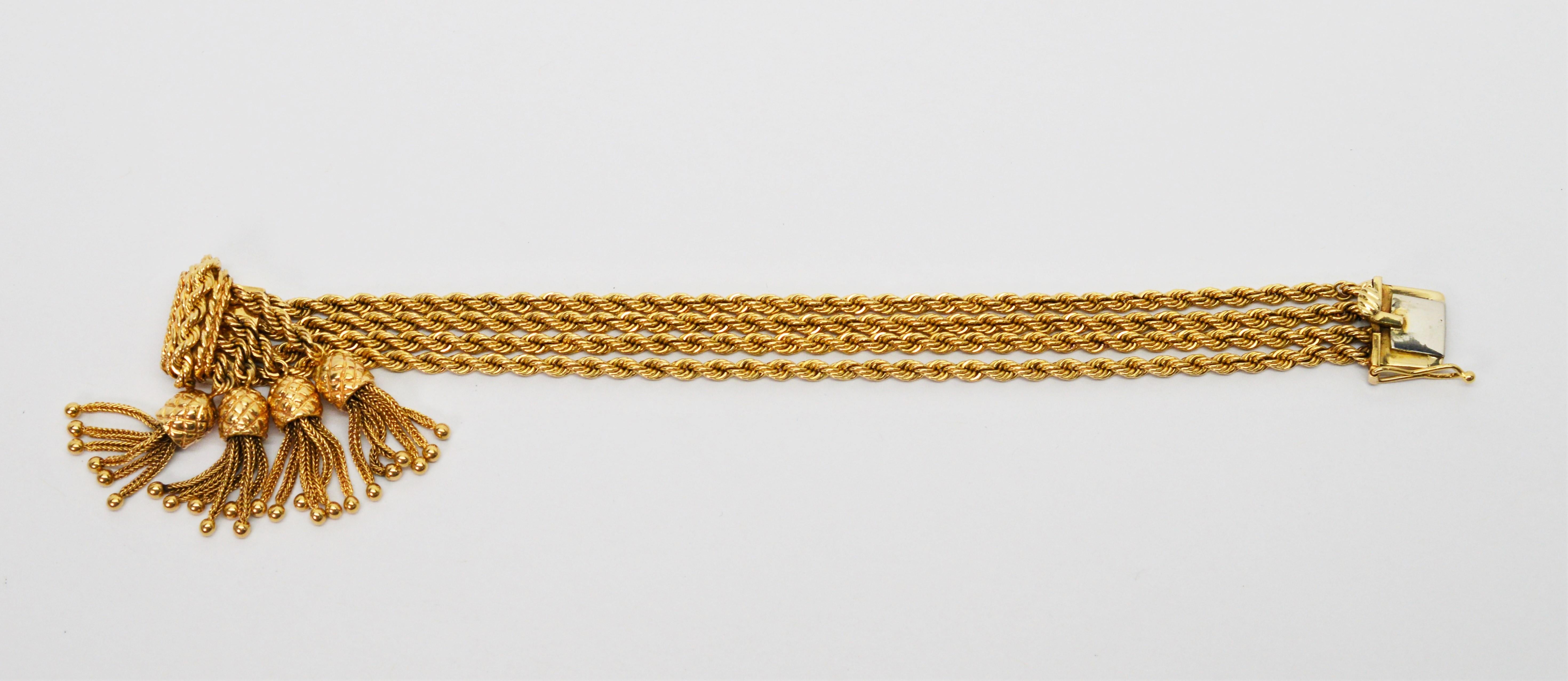 Bracelet corde à quatre brins en or jaune 14 carats avec breloques en forme d'ananas en vente 2