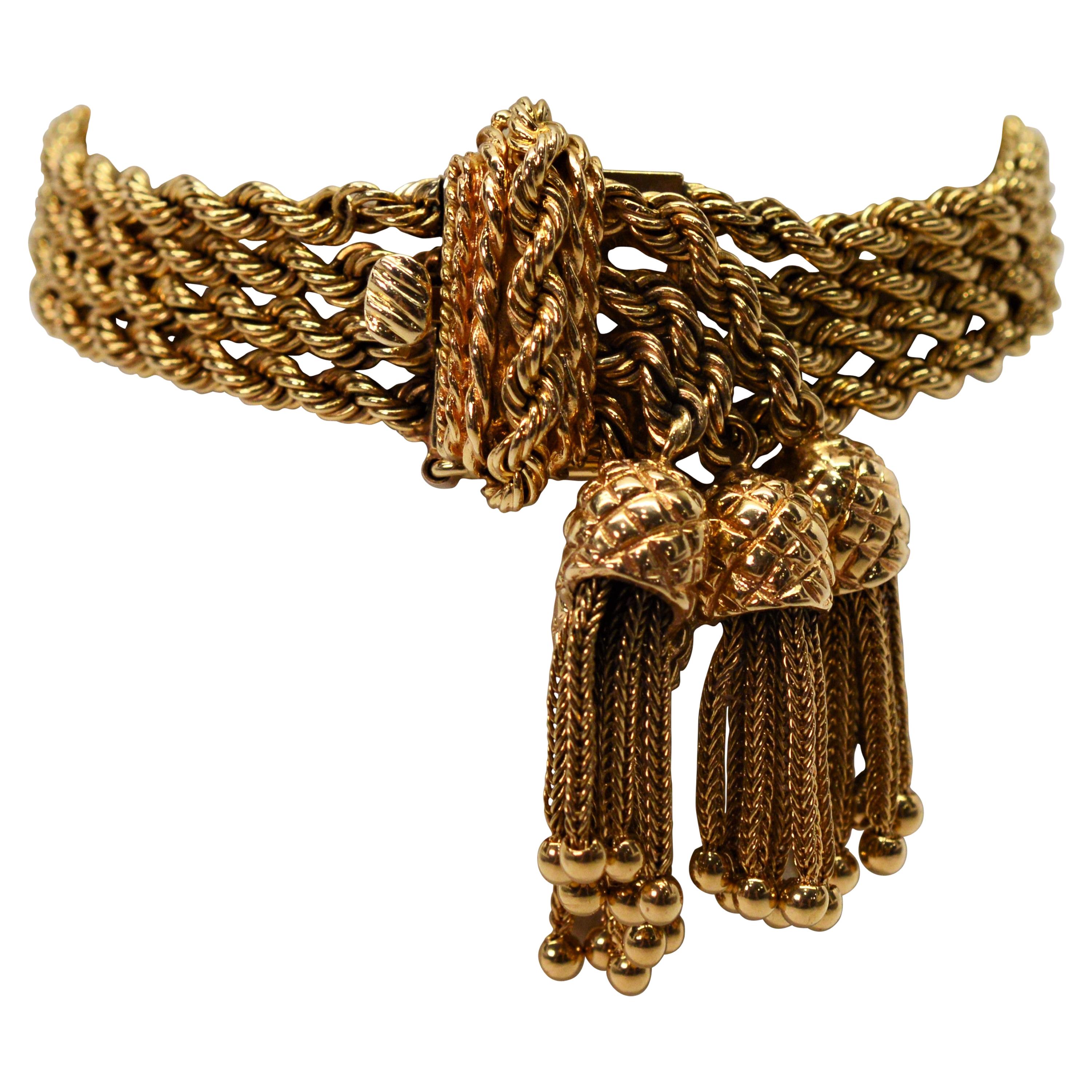 Four-Strand 14K Yellow Gold Rope Bracelet with Pineapple Charm Tassels