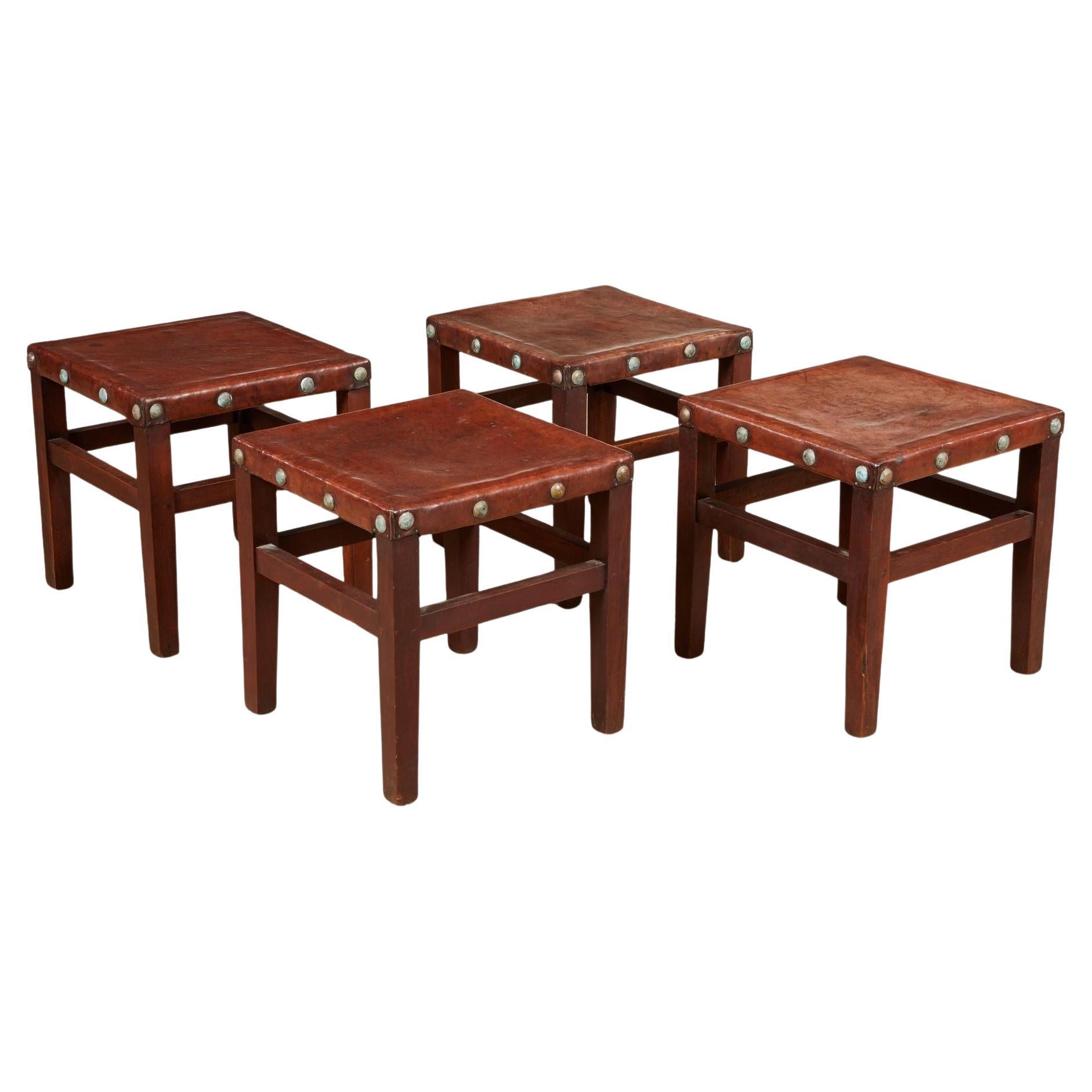 Four Studded Leather Square Stools For Sale