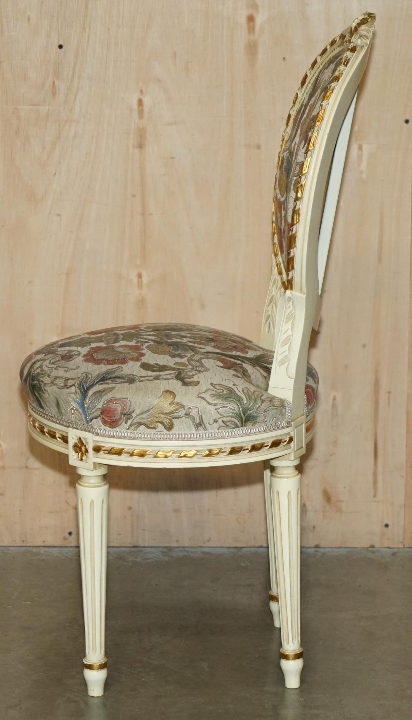 FOUR STUNNING ANTIQUE GOLD & SILVER LEAF EMBROIDERED FRENCH LOUIS DINING CHAIRs For Sale 4