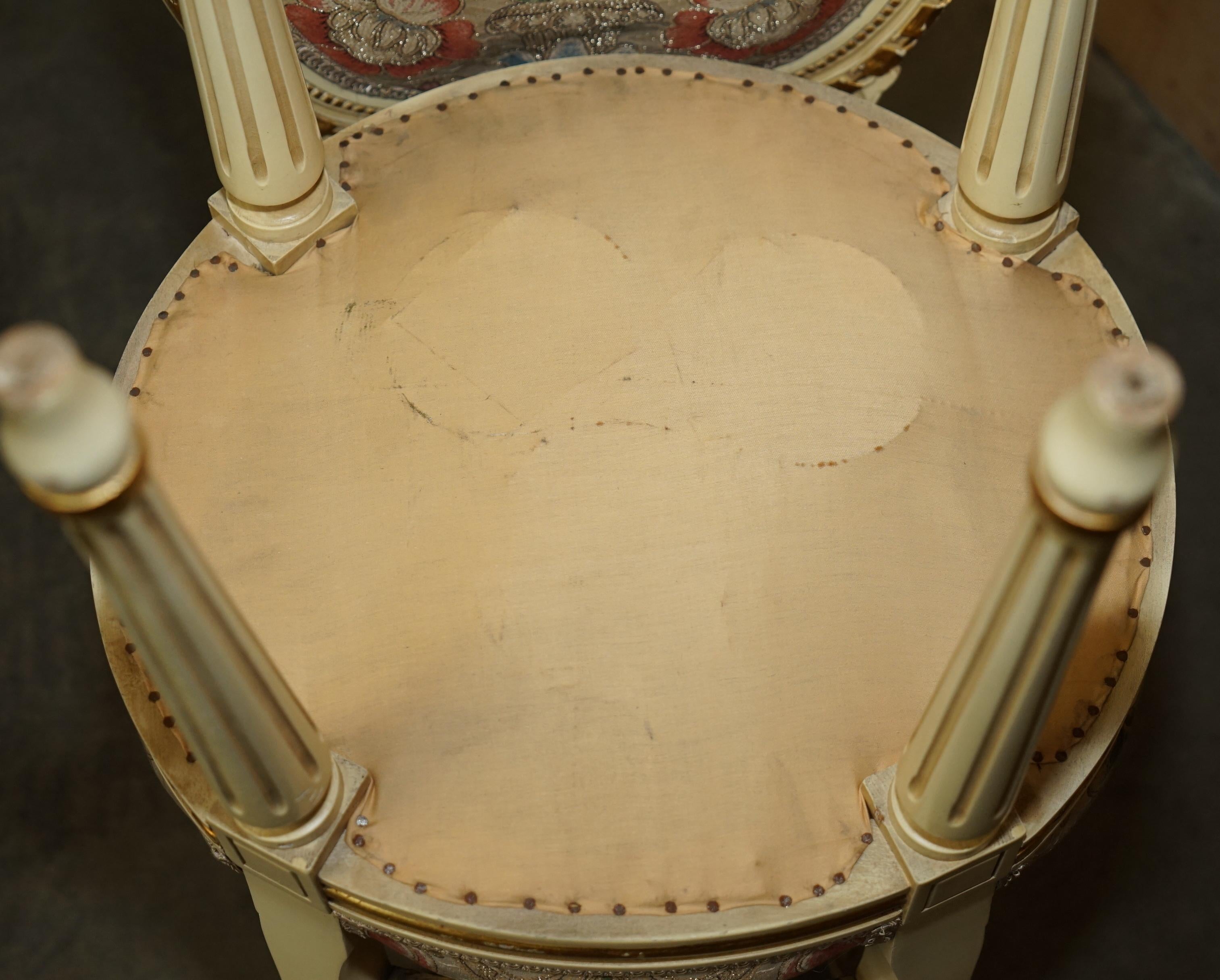FOUR STUNNING ANTIQUE GOLD & SILVER LEAF EMBROIDERED FRENCH LOUIS DINING CHAIRs For Sale 5