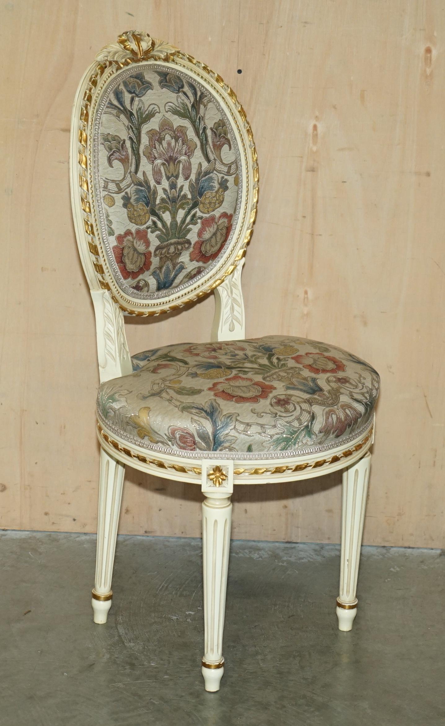 FOUR STUNNING ANTIQUE GOLD & SILVER LEAF EMBROIDERED FRENCH LOUIS DINING CHAIRs For Sale 6