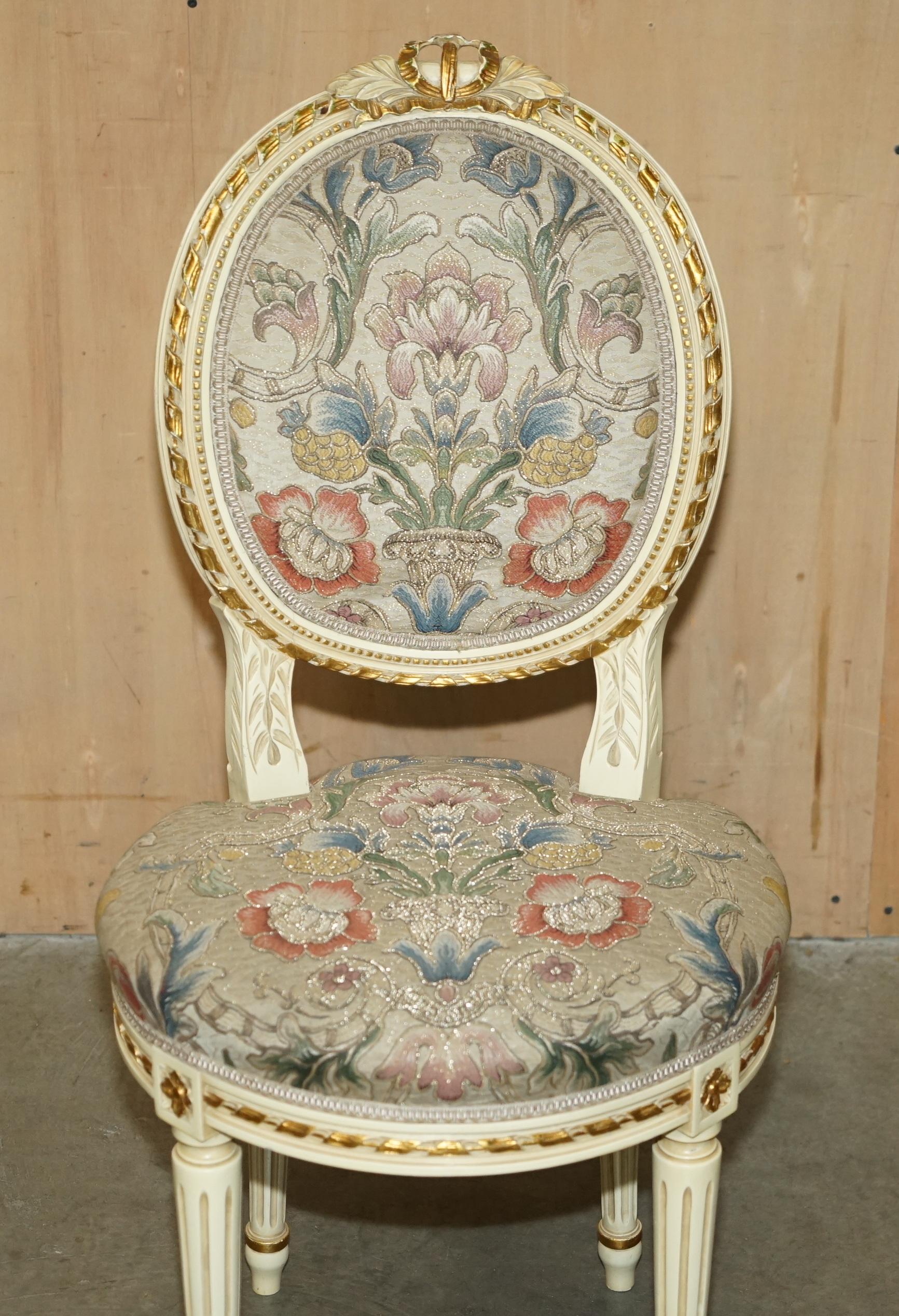 FOUR STUNNING ANTIQUE GOLD & SILVER LEAF EMBROIDERED FRENCH LOUIS DINING CHAIRs For Sale 7