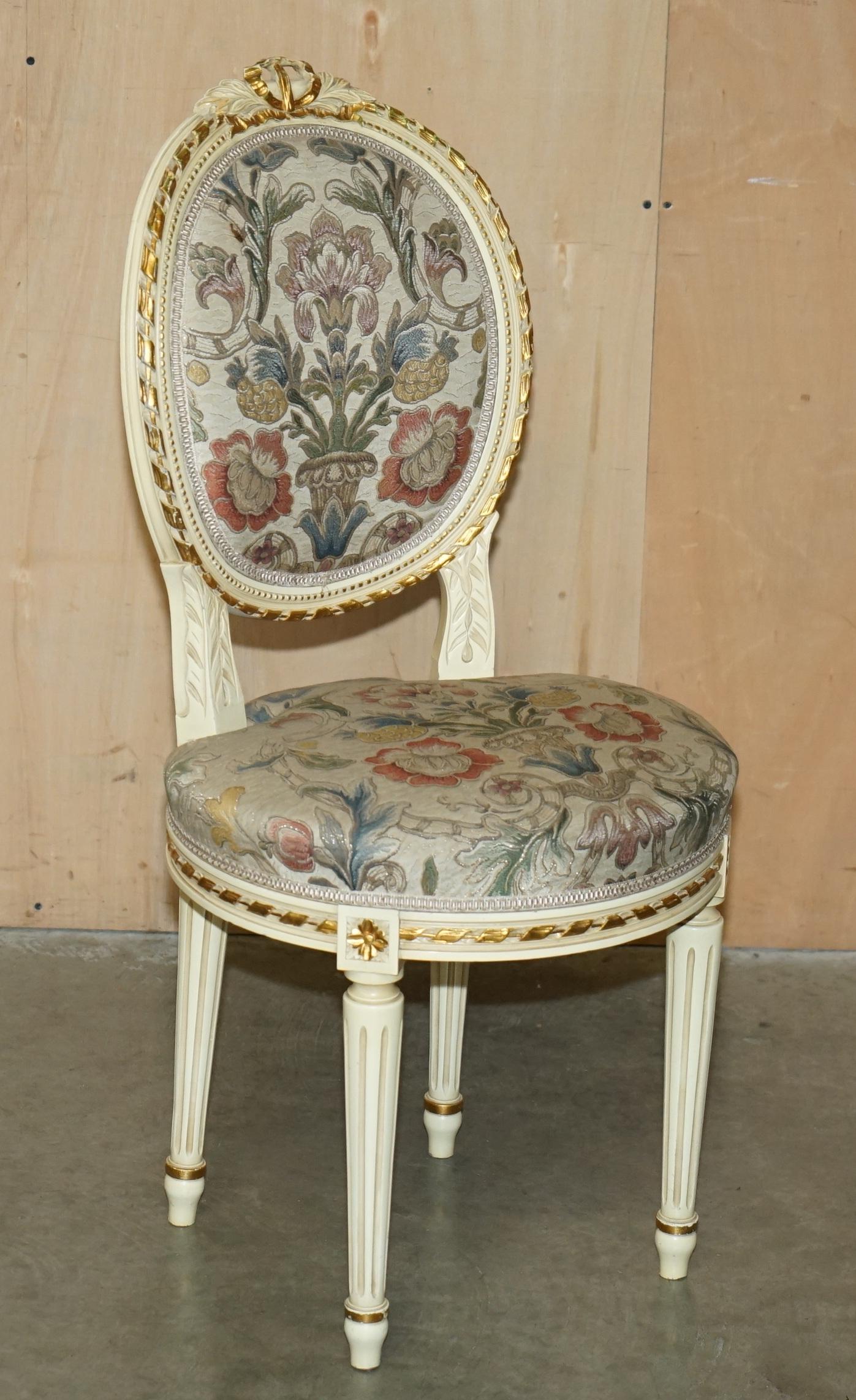 FOUR STUNNING ANTIQUE GOLD & SILVER LEAF EMBROIDERED FRENCH LOUIS DINING CHAIRs For Sale 8