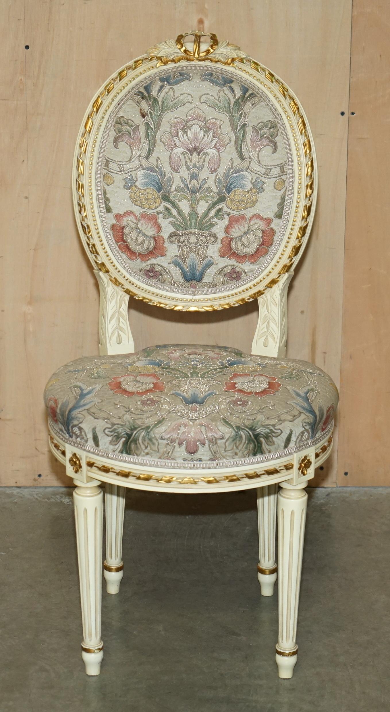 FOUR STUNNING ANTIQUE GOLD & SILVER LEAF EMBROIDERED FRENCH LOUIS DINING CHAIRs For Sale 9