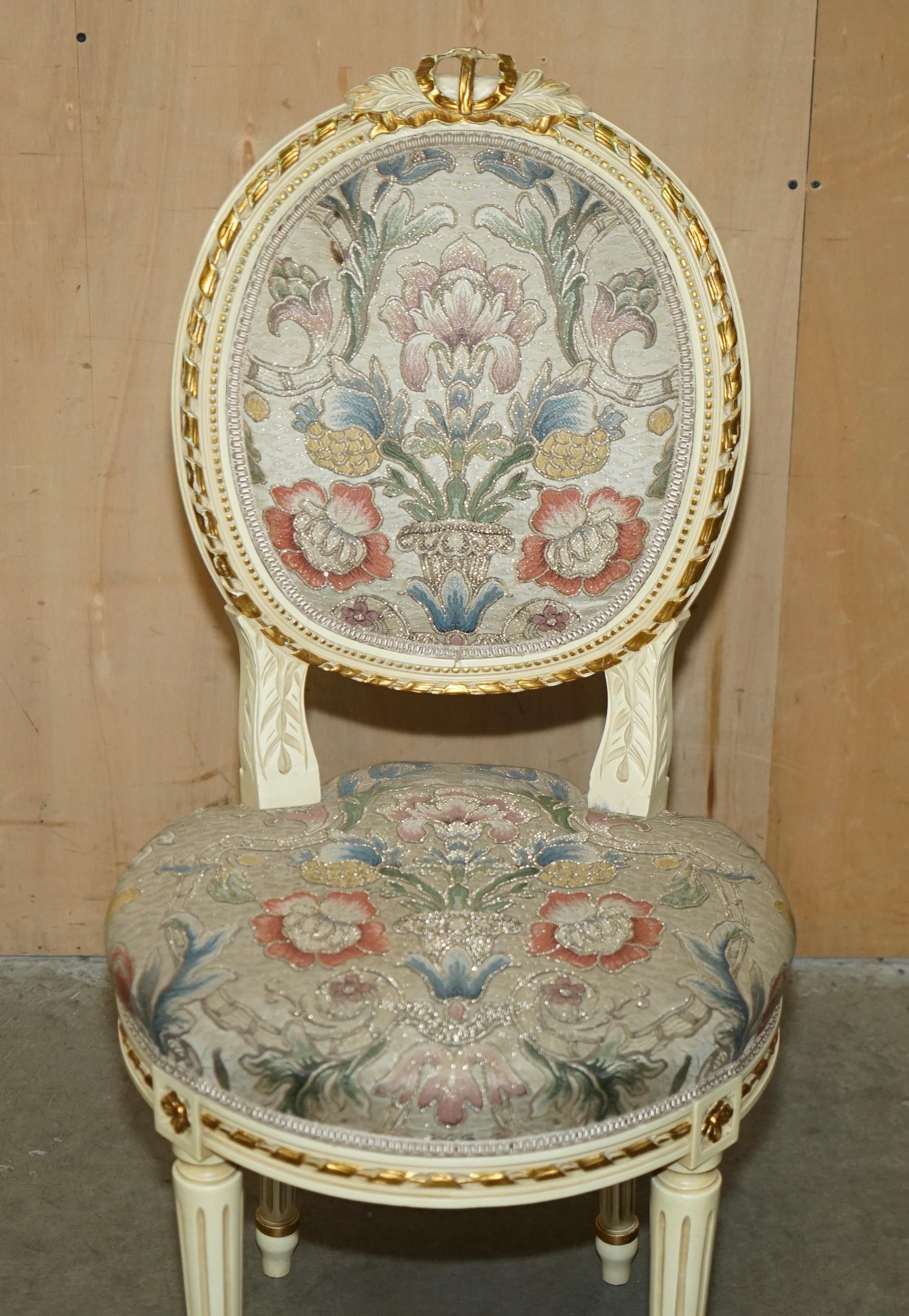 FOUR STUNNING ANTIQUE GOLD & SILVER LEAF EMBROIDERED FRENCH LOUIS DINING CHAIRs For Sale 10