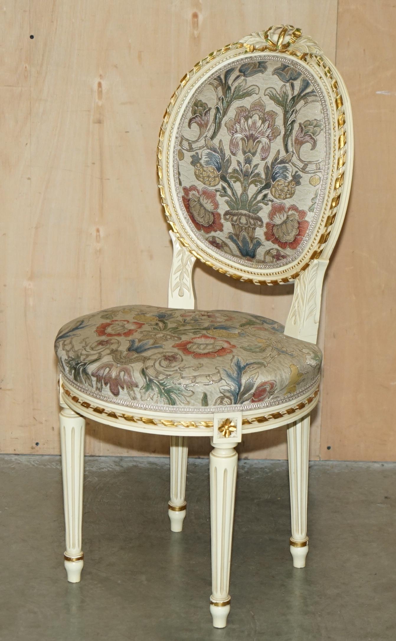 FOUR STUNNING ANTIQUE GOLD & SILVER LEAF EMBROIDERED FRENCH LOUIS DINING CHAIRs For Sale 11
