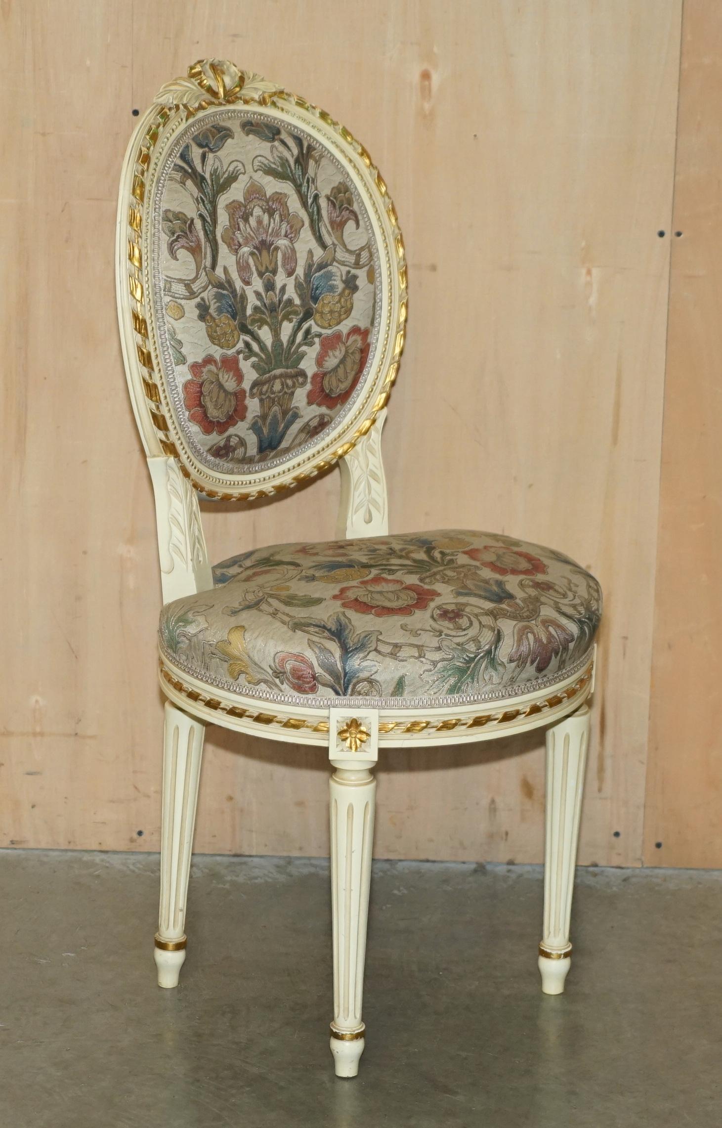 Royal House Antiques

Royal House Antiques is delighted to offer for sale this exceptional suite of four French Louis oak, antique painted Saloon or dining chairs with exquisite gold and silver leaf threaded embroidered upholstery 

Please note the
