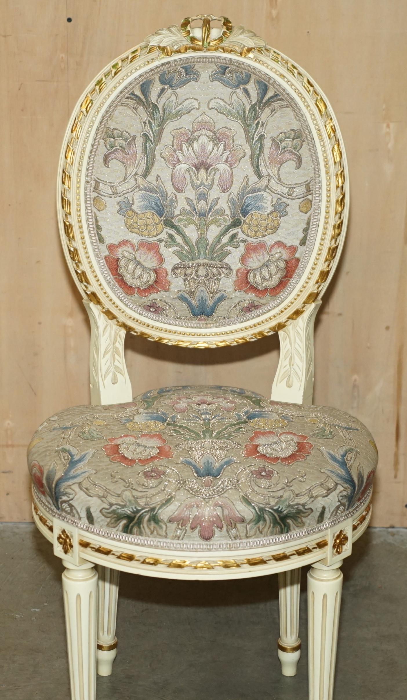 FOUR STUNNING ANTIQUE GOLD & SILVER LEAF EMBROIDERED FRENCH LOUIS DINING CHAIRs For Sale 12