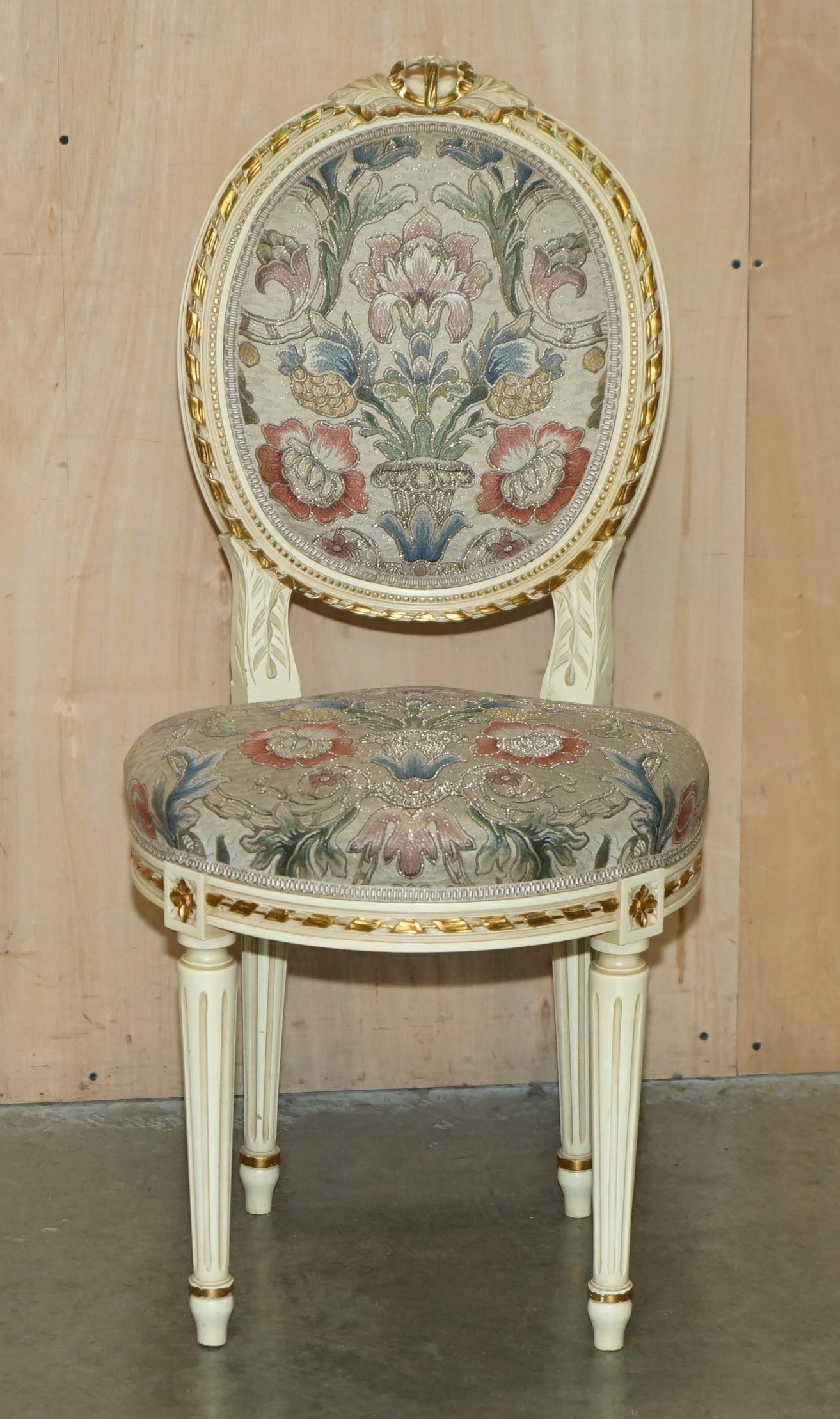 Louis XVI FOUR STUNNING ANTIQUE GOLD & SILVER LEAF EMBROIDERED FRENCH LOUIS DINING CHAIRs For Sale