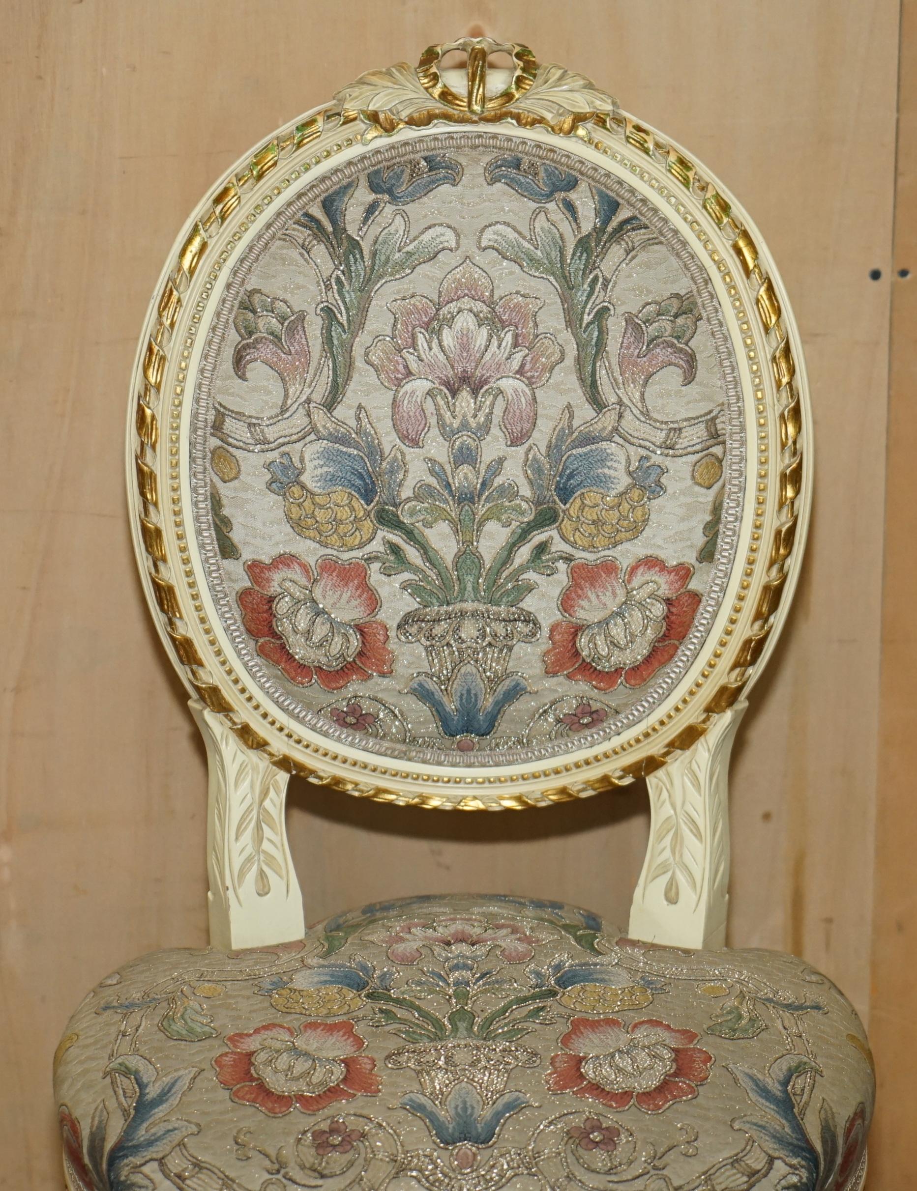 French FOUR STUNNING ANTIQUE GOLD & SILVER LEAF EMBROIDERED FRENCH LOUIS DINING CHAIRs For Sale