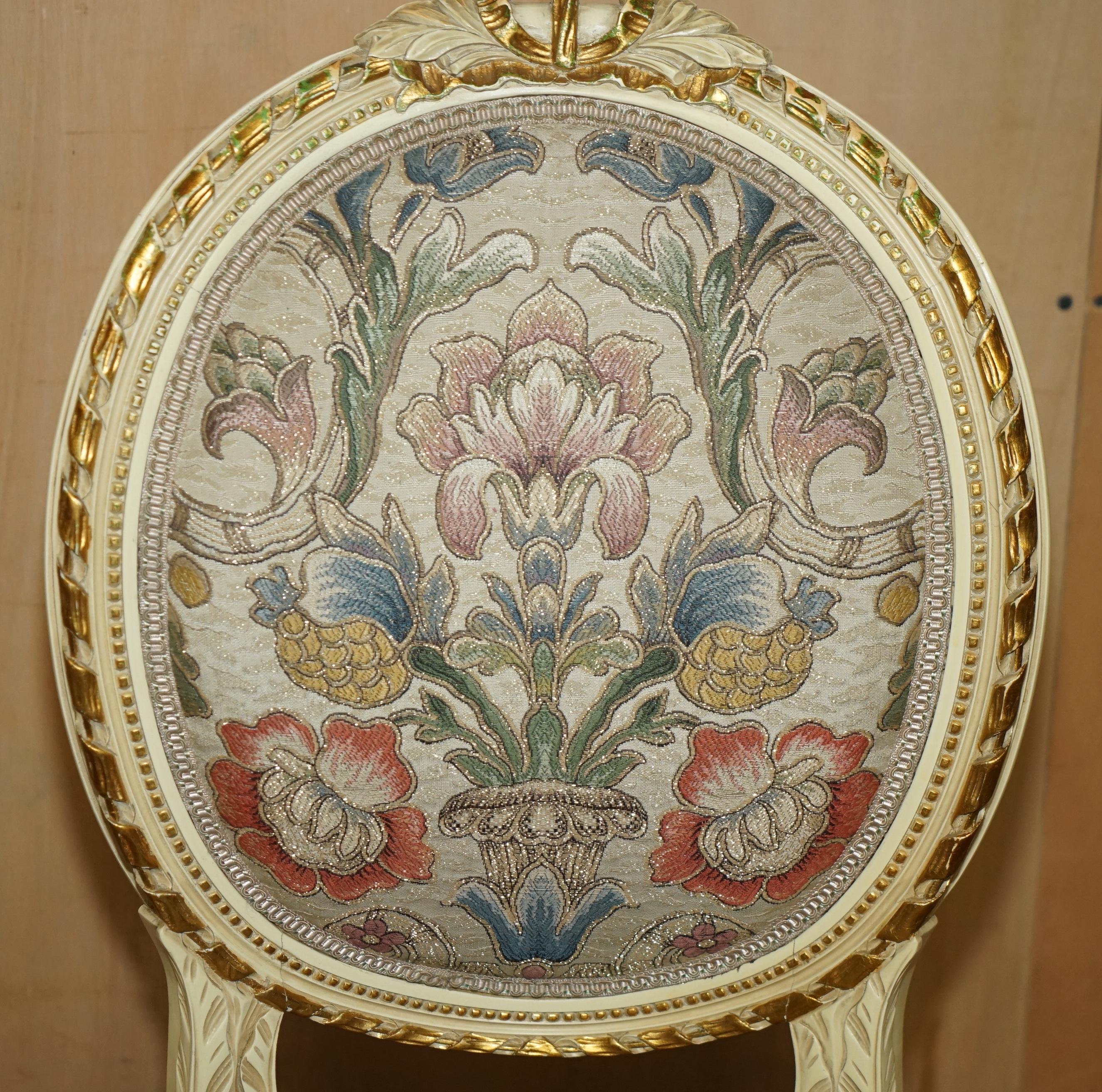 FOUR STUNNING ANTIQUE GOLD & SILVER LEAF EMBROIDERED FRENCH LOUIS DINING CHAIRs In Good Condition For Sale In West Sussex, Pulborough