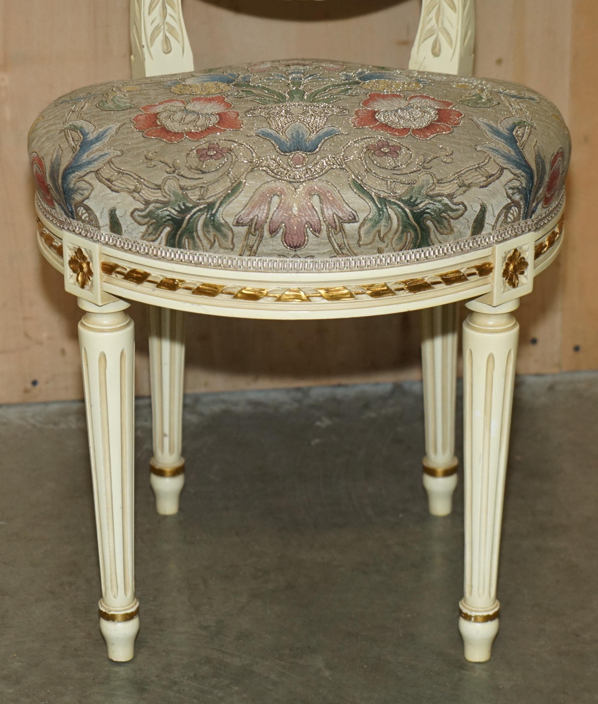 Upholstery FOUR STUNNING ANTIQUE GOLD & SILVER LEAF EMBROIDERED FRENCH LOUIS DINING CHAIRs For Sale