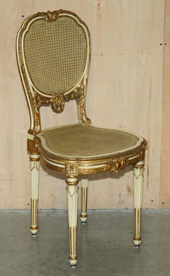 FOUR STUNNING LOUIS XVI FRENCH CARVED GILTWOOD DOUBLE CANED BERGERE SIiDE CHAIRS