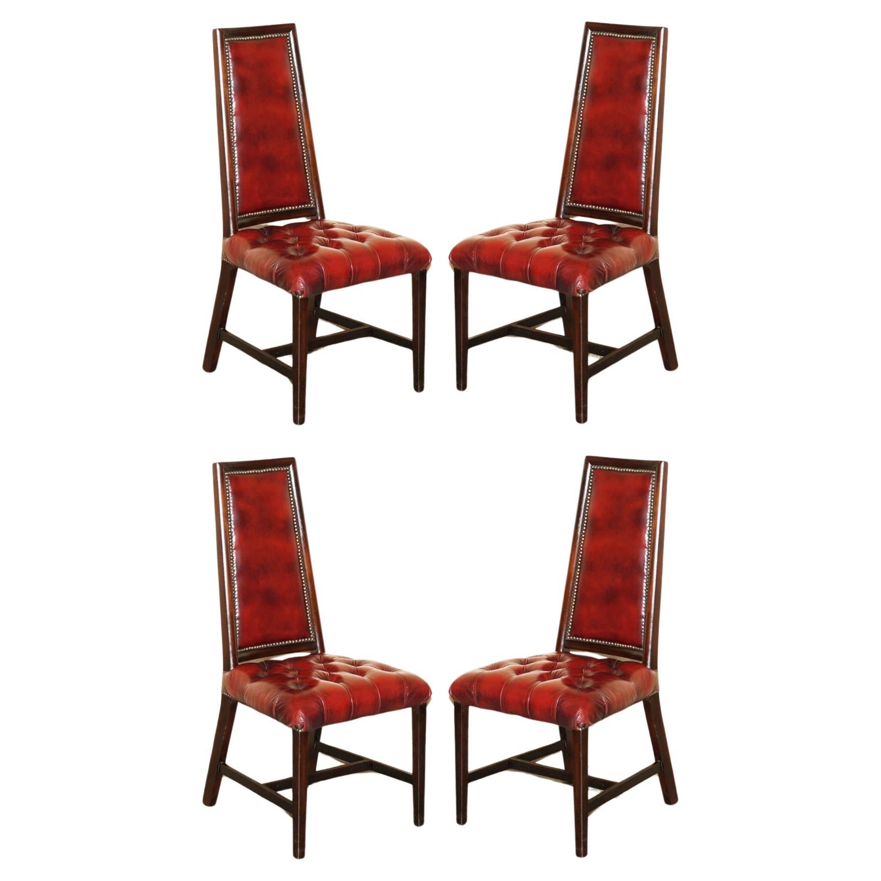 FOUR STUNNING VINTAGE OXBLOOD LEATHER HiGH BACK CHESTERFIELD DINING CHAIRS