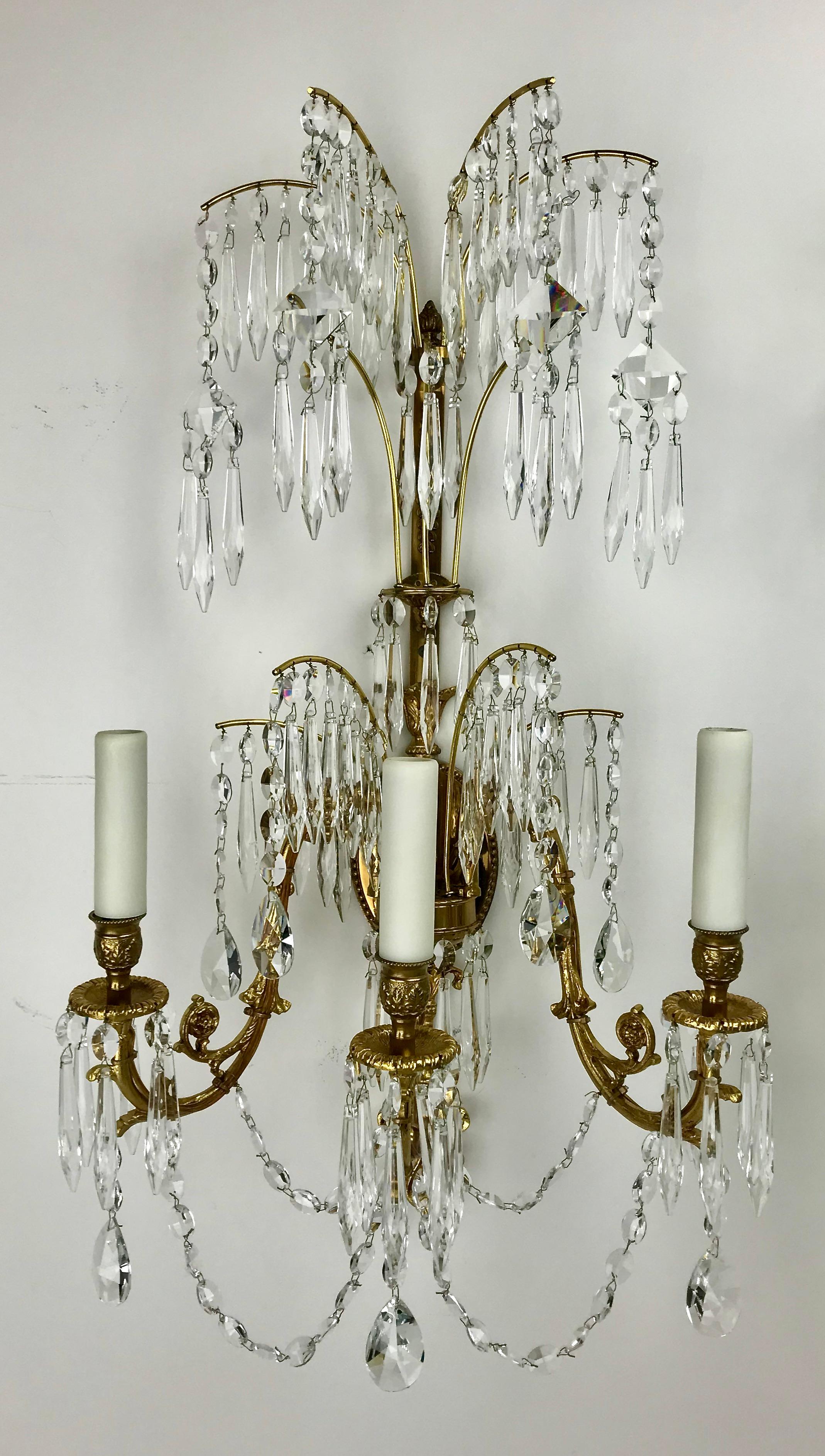 European Four Swedish or Russian Neo-Classical Style Three Light Sconces For Sale