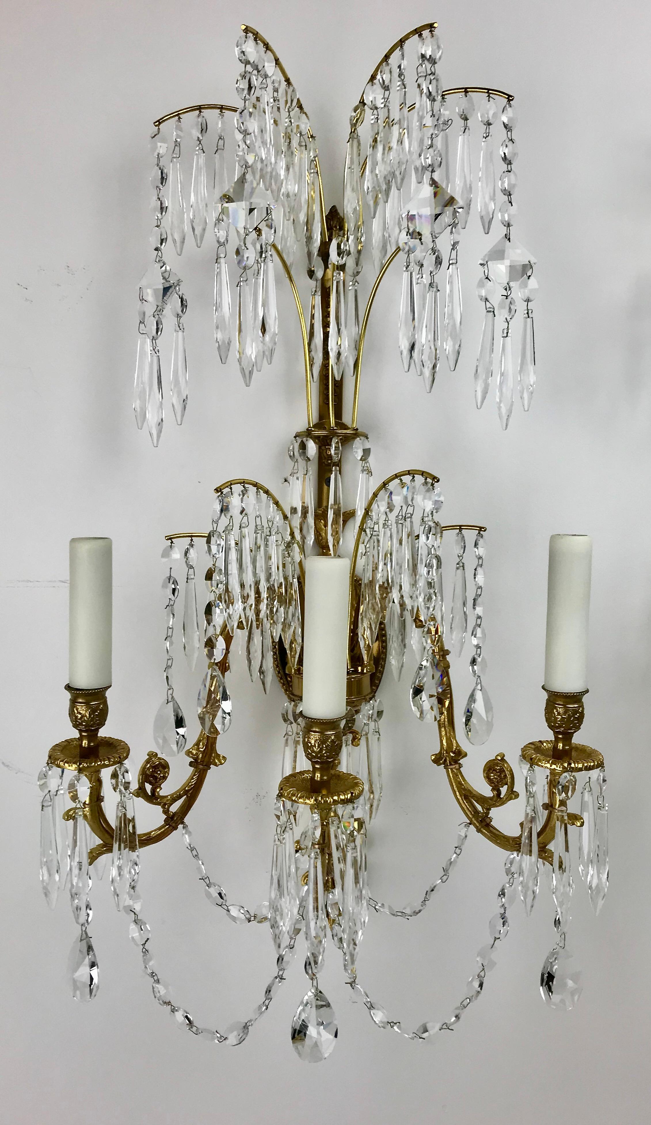 Faceted Four Swedish or Russian Neo-Classical Style Three Light Sconces For Sale