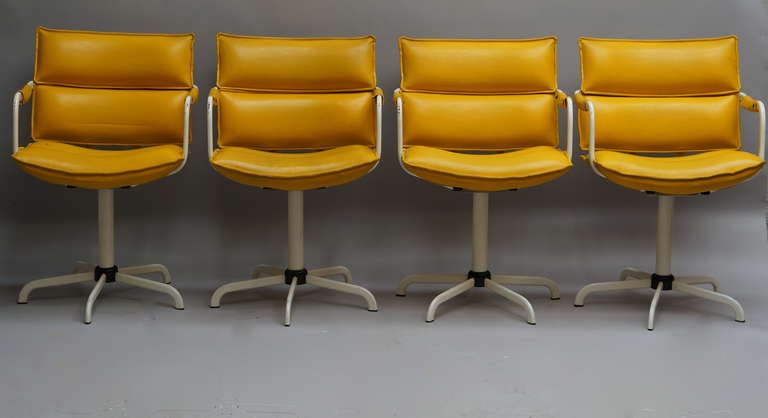 Metal Four Swivel Armchairs in Yellow Leather and White Base For Sale