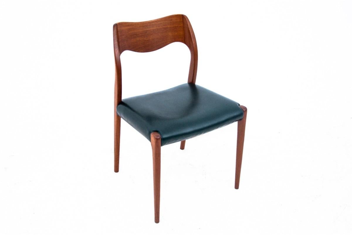 Leather Four Teak Chairs, Model 71, Designed by N.O. Møller in 1960s