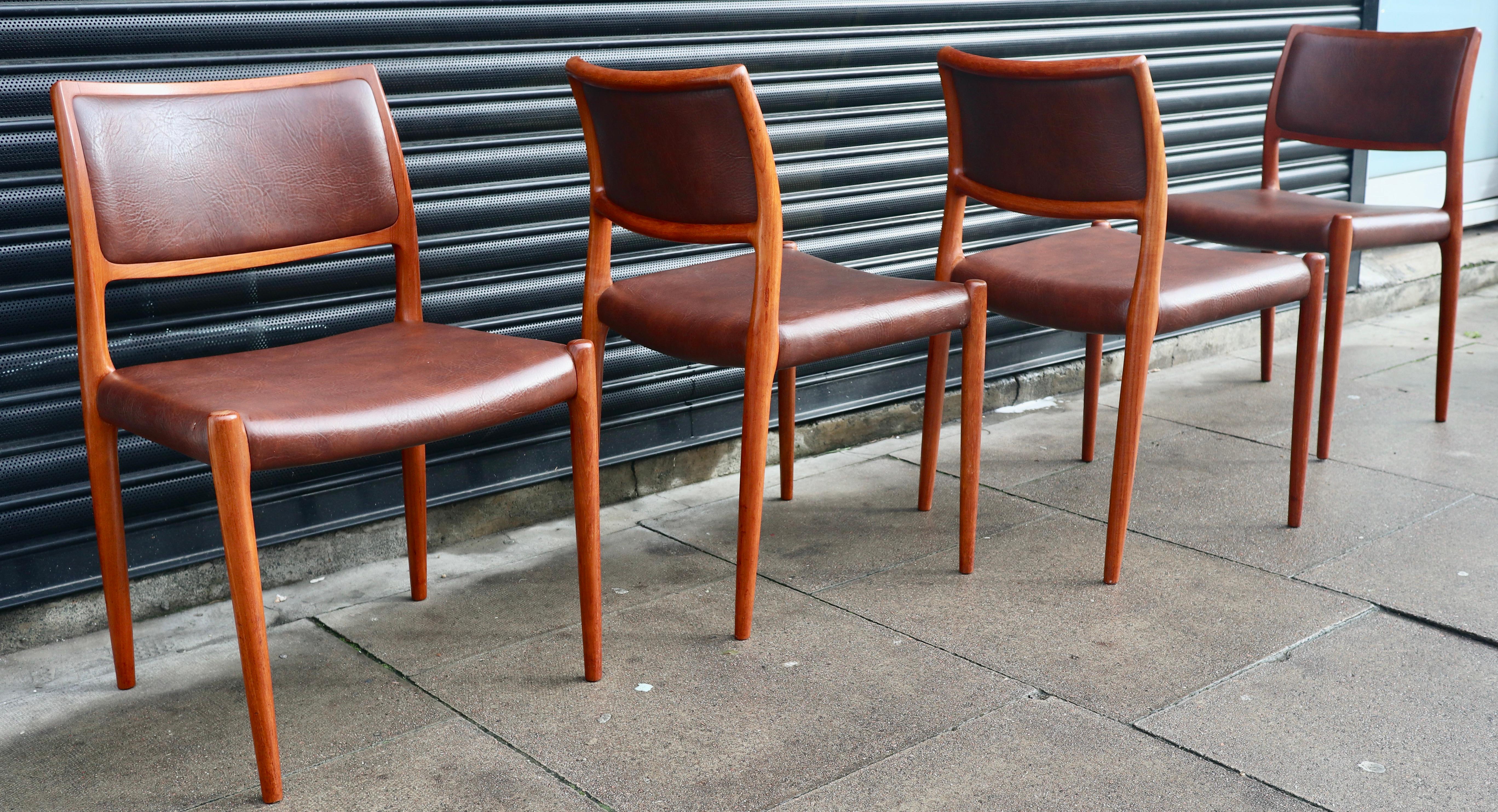 Four teak framed Niels Moller Model 80 Chairs, in tan vinyl upholstery  For Sale 3