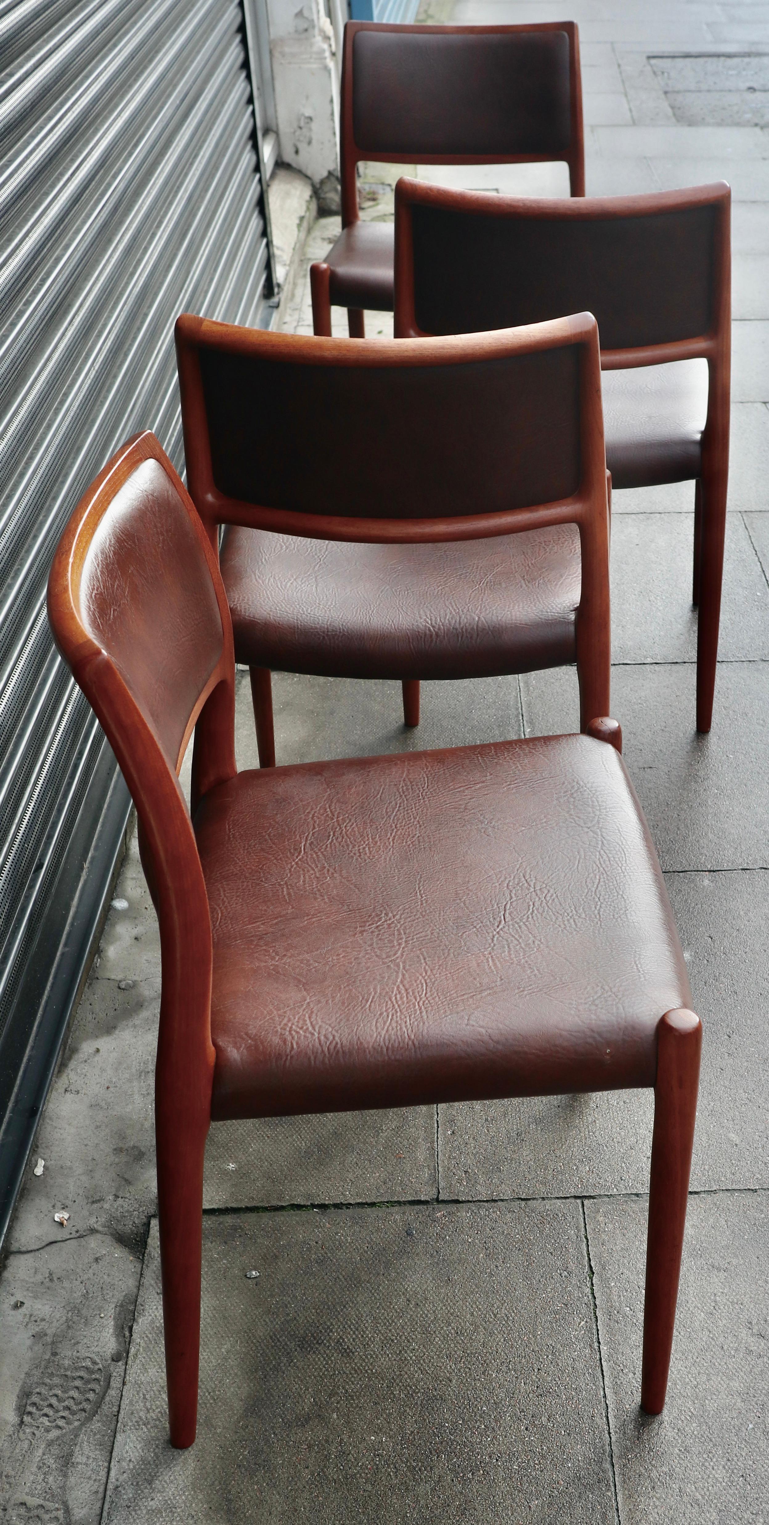 Four teak framed Niels Moller Model 80 Chairs, in tan vinyl upholstery  For Sale 4