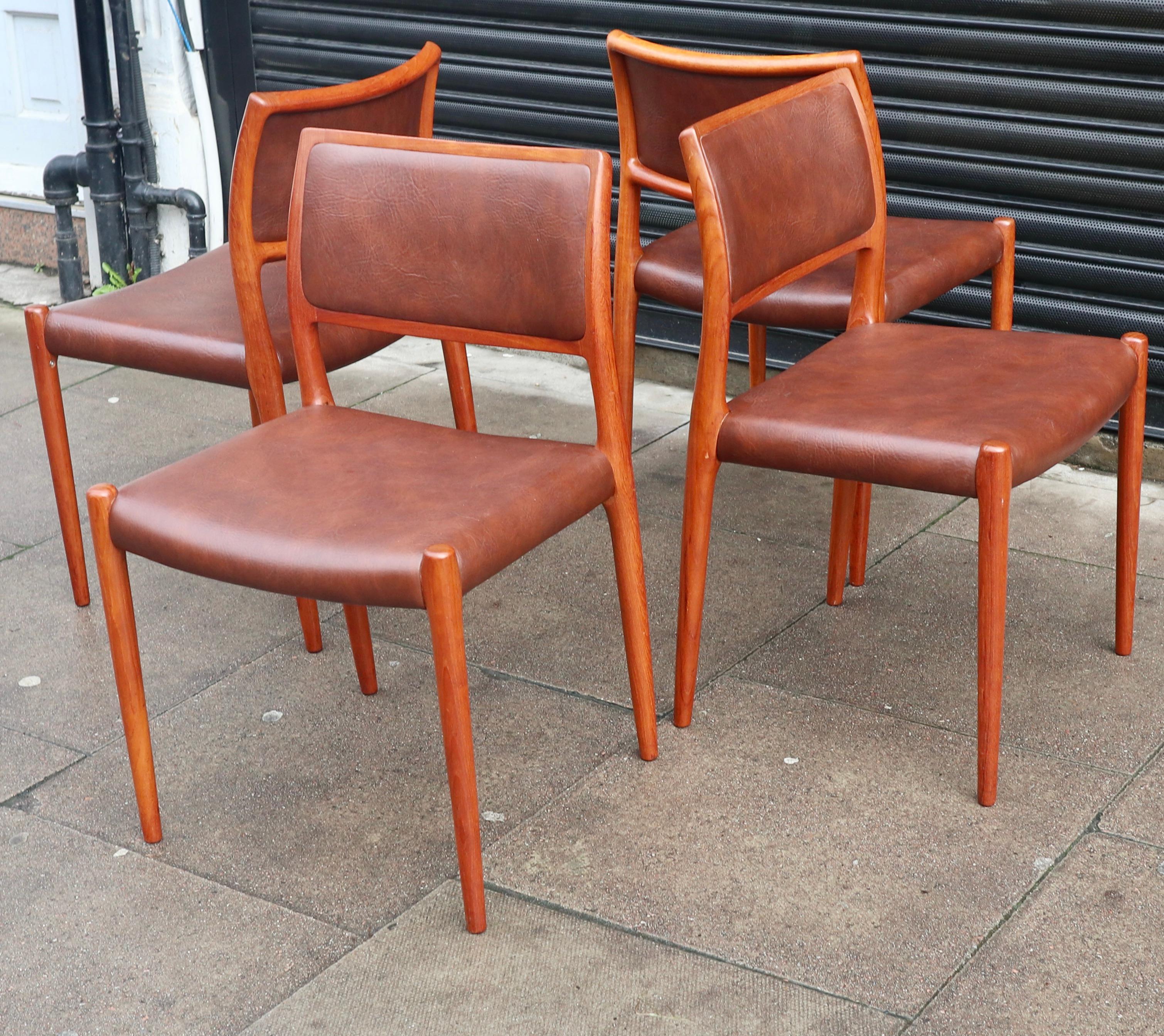 Mid-Century Modern Four teak framed Niels Moller Model 80 Chairs, in tan vinyl upholstery  For Sale