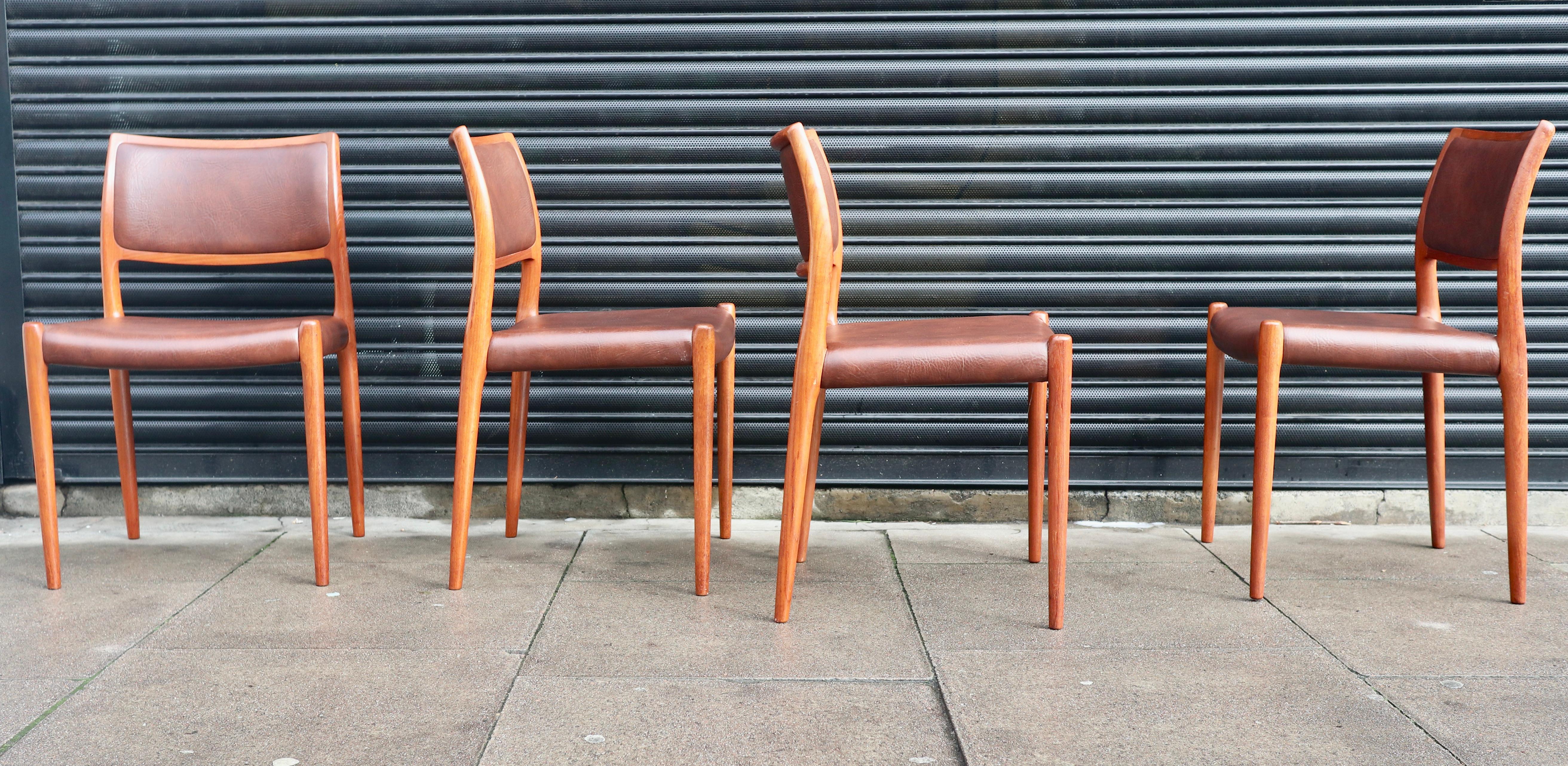 Teak Four teak framed Niels Moller Model 80 Chairs, in tan vinyl upholstery  For Sale