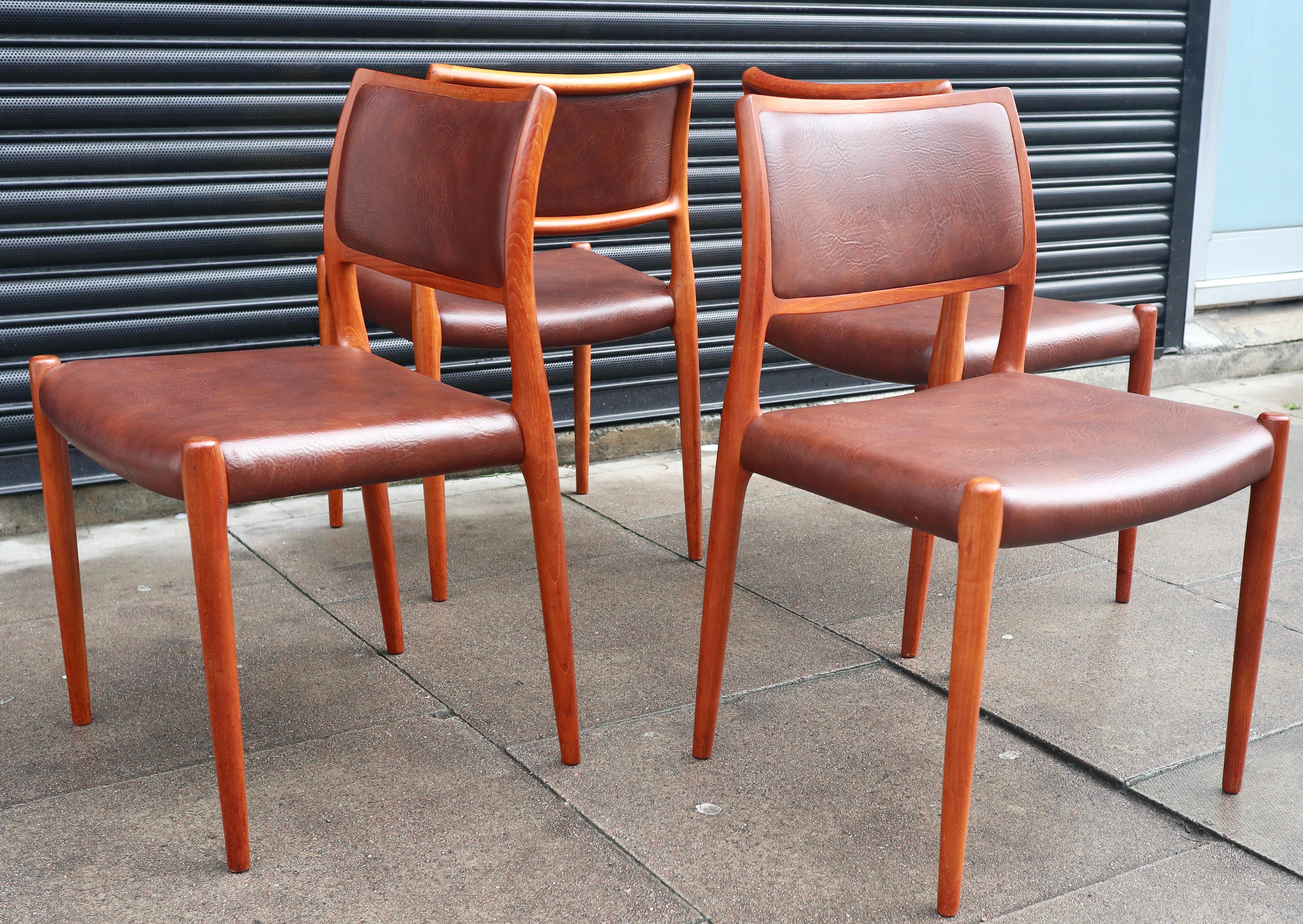 Four teak framed Niels Moller Model 80 Chairs, in tan vinyl upholstery  For Sale 1