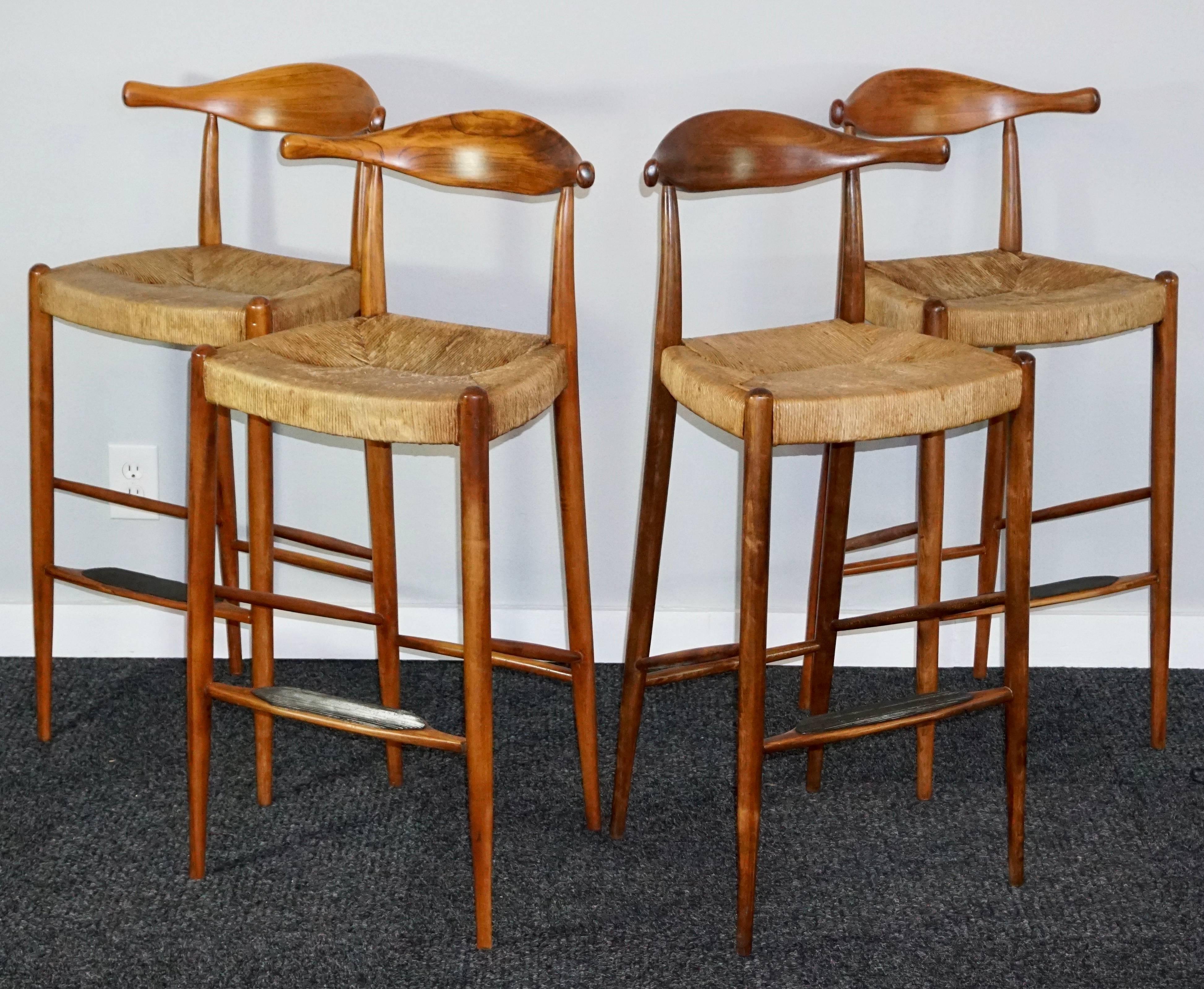 Four Teak Arthur Umanoff Danish Mid-Century Modern Cow Horn Stools In Good Condition In Dallas, TX