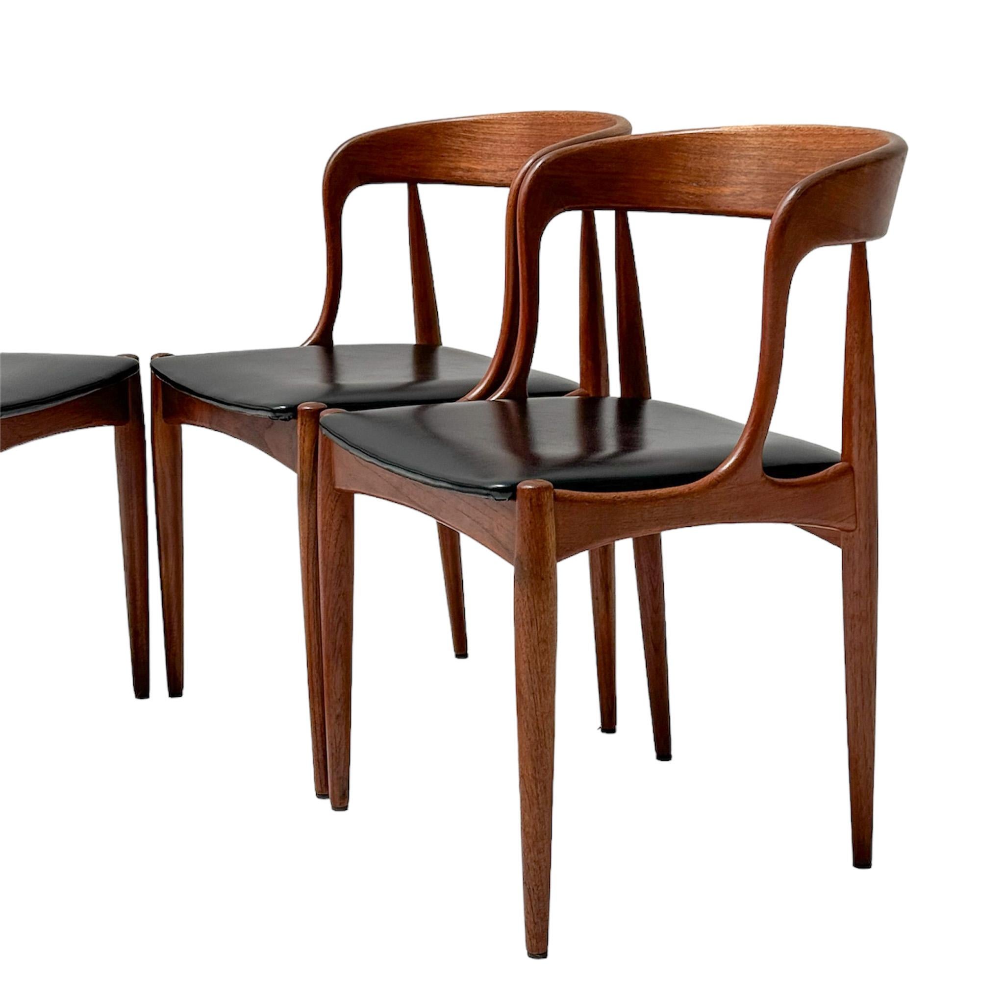 Faux Leather Four Teak Mid-Century Modern Dining Chairs by Johannes Andersen for Uldum, 1960s For Sale