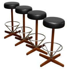 Four Teak with Chrome and Black Faux Leather Swivel Stools by Börje Johanson '60