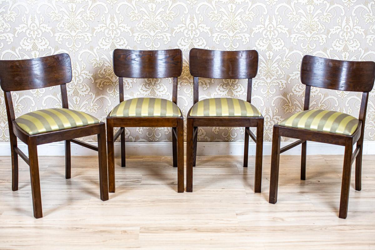 Polish Four Art Deco Thonet Oak Chairs in Striped Upholstery For Sale