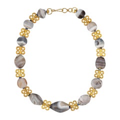 Antique Four Thousand Year Old Agate Beads Alternating with Quadruple Spiral Gold Beads