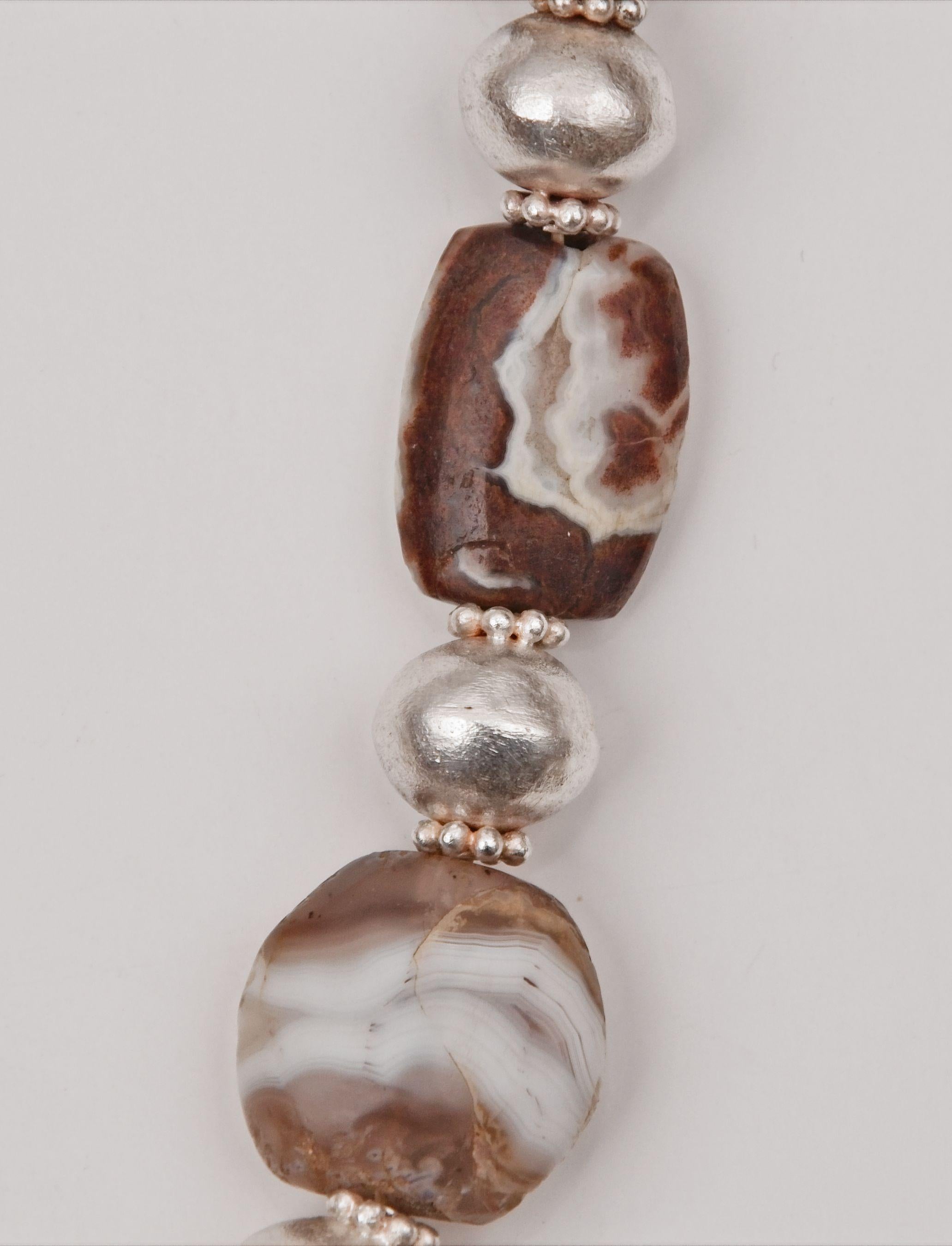 Women's or Men's Four Thousand Year Old Agate Beads with Collared Spherical Silver Spacer Beads For Sale