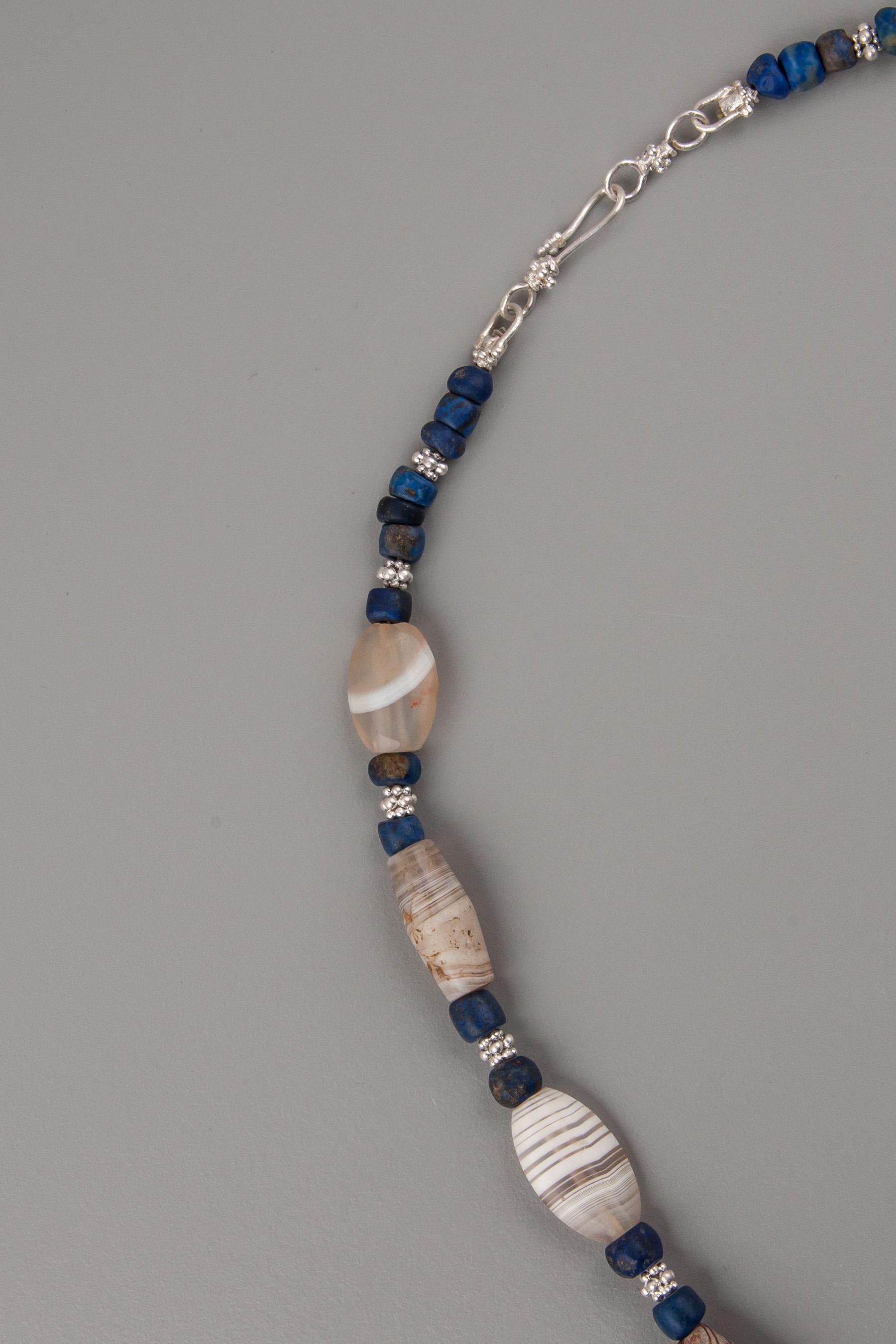 Artist Bronze Age Agate Beads with Lapis Lazuli and Granulated Silver Spacers For Sale