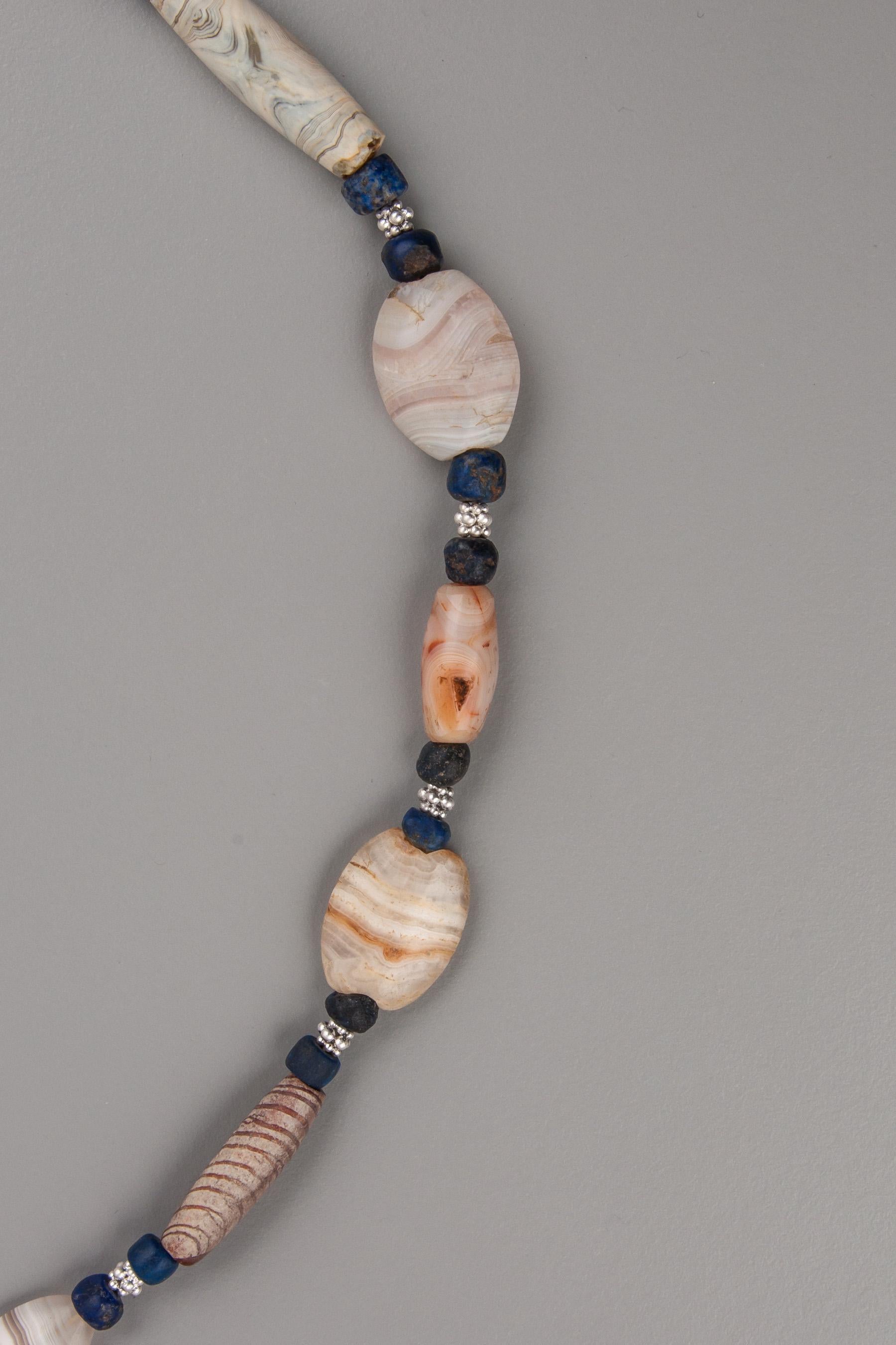 Bronze Age Agate Beads with Lapis Lazuli and Granulated Silver Spacers In Good Condition For Sale In Bloomington, IN