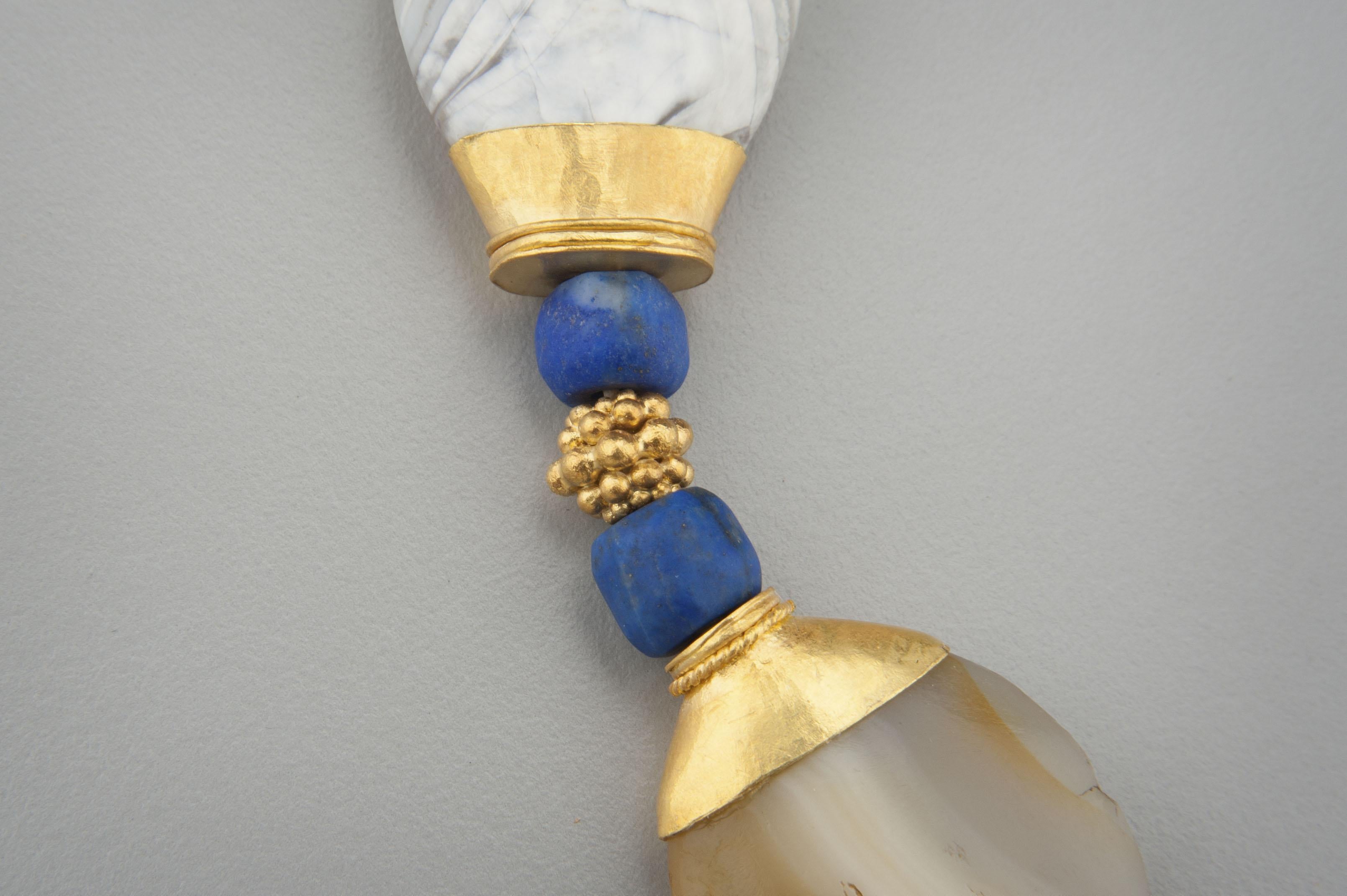 Artist Four Thousand Year Old Agate Beads with Gold Caps and Lapis Lazuli For Sale