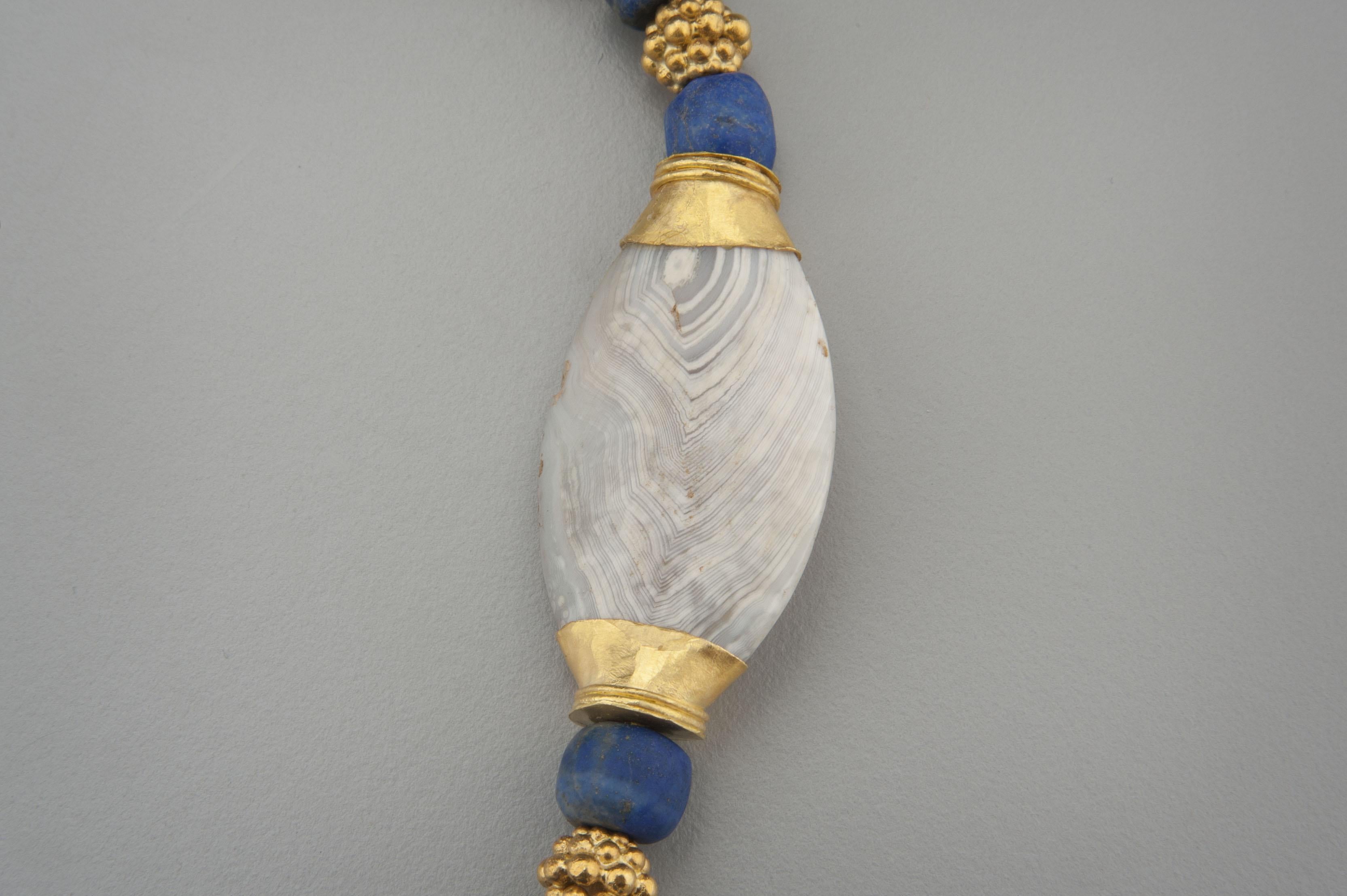 Four Thousand Year Old Agate Beads with Gold Caps and Lapis Lazuli In Good Condition For Sale In Bloomington, IN