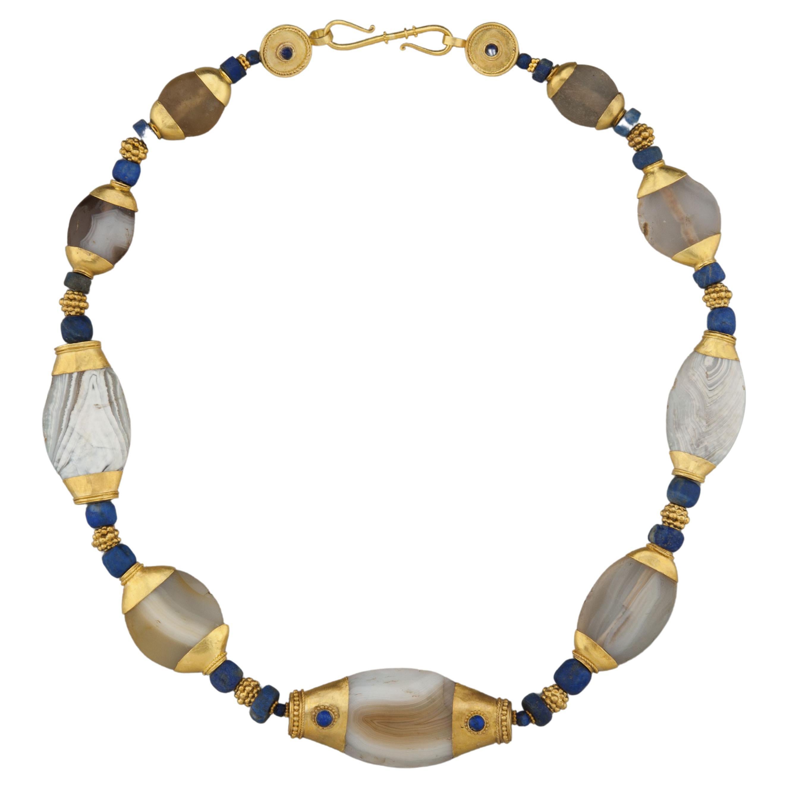 Four Thousand Year Old Agate Beads with Gold Caps and Lapis Lazuli For Sale