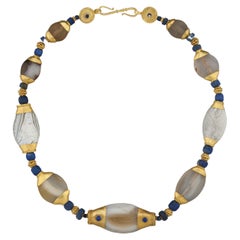 Four Thousand Year Old Agate Beads with Gold Caps and Lapis Lazuli
