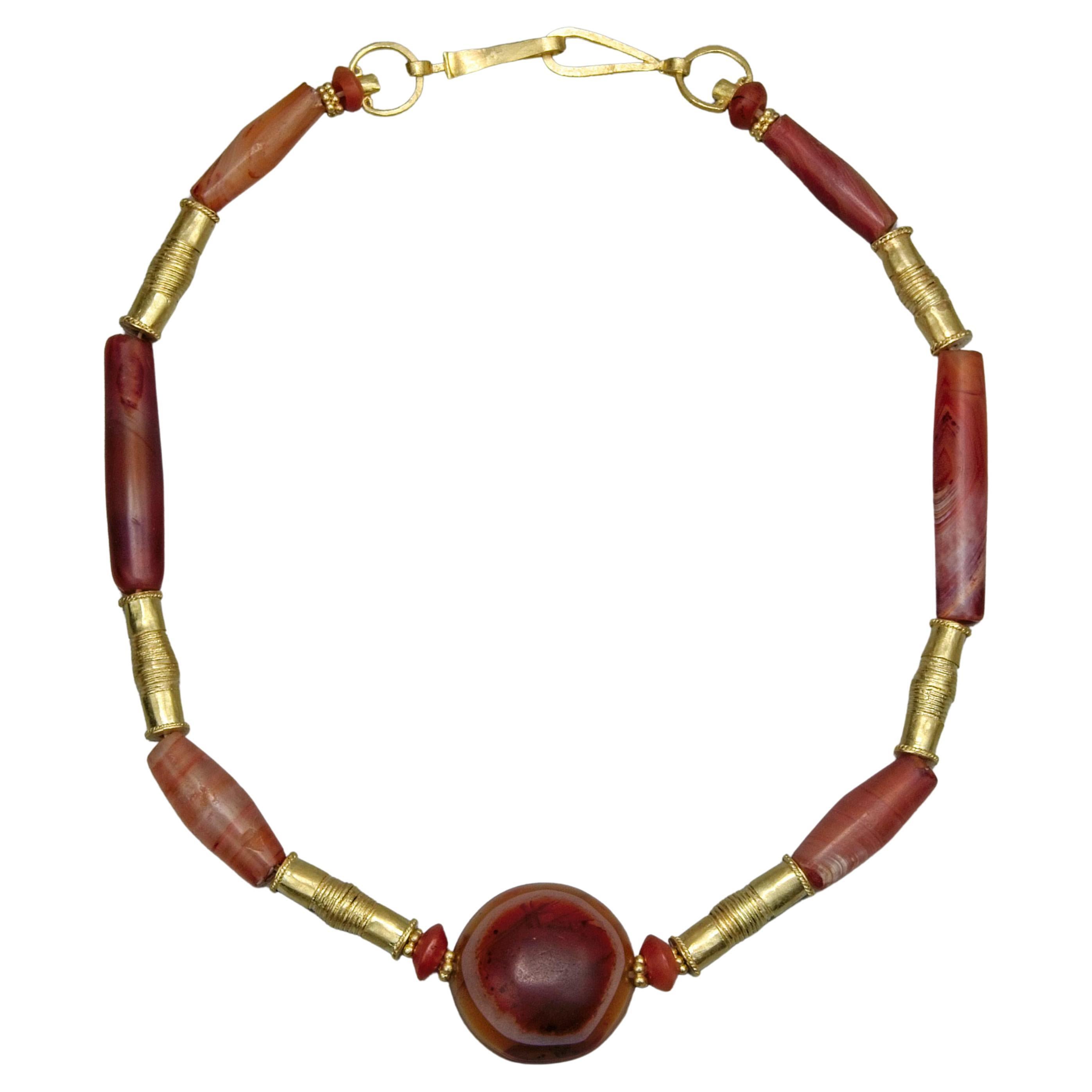 Four Thousand Year Old Carnelian Beads, 20k Gold, Carnelian Eye Bead Centerpiece For Sale