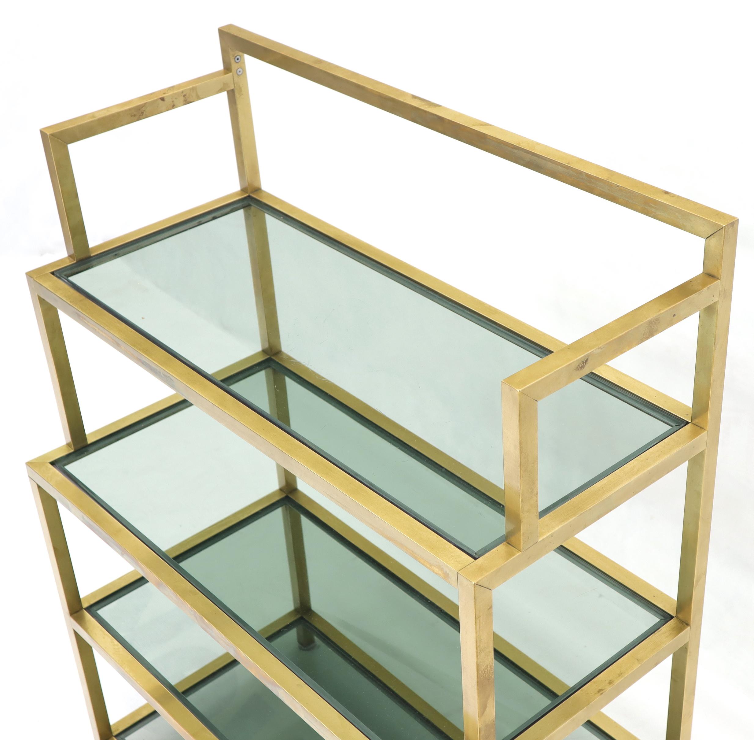 American Four-Tier Brass Console Small Étagère with Smoked Glass Shelves For Sale