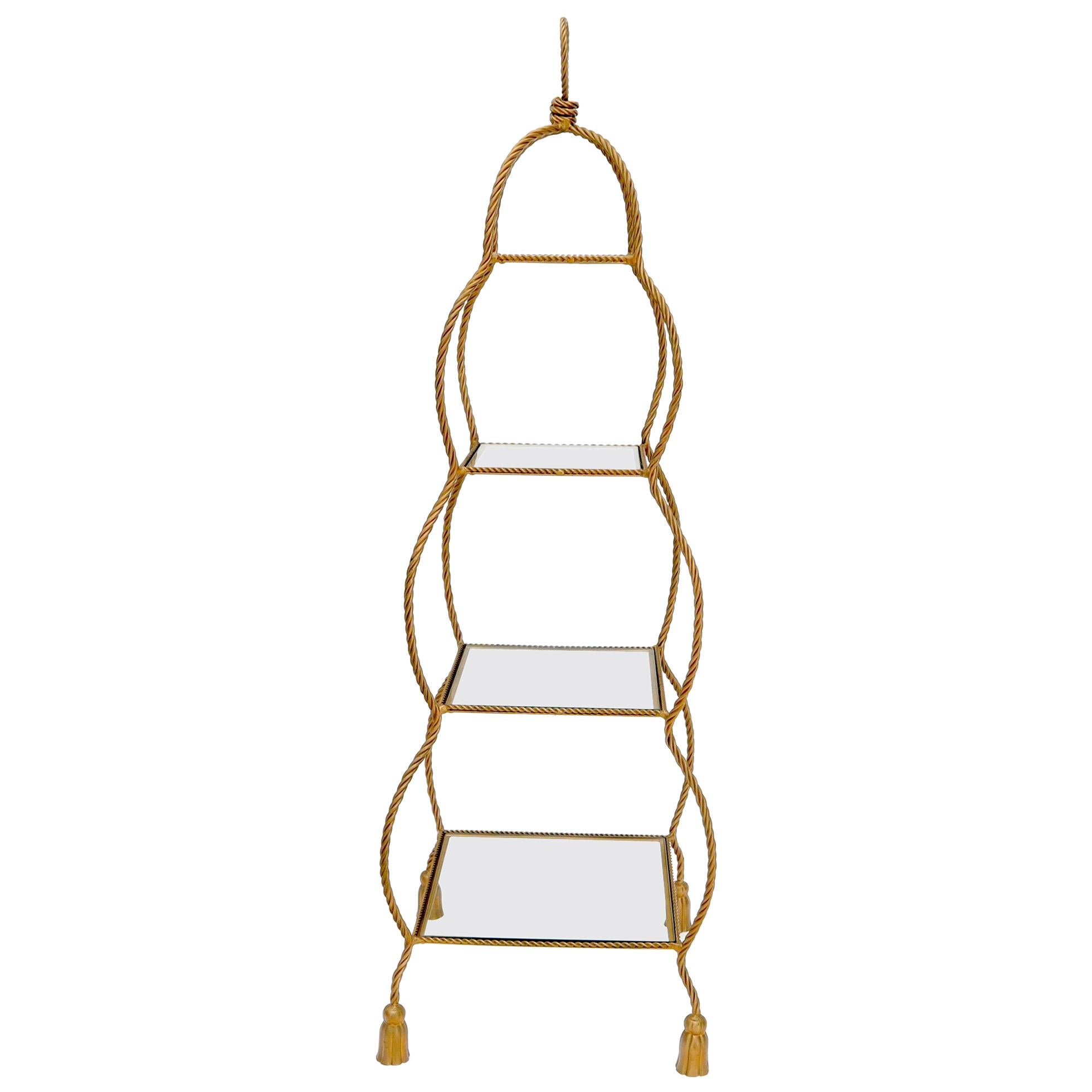 Four Tier Glass Shelves Twisted Metal Rope Square Étagère Shelf Display Unit For Sale